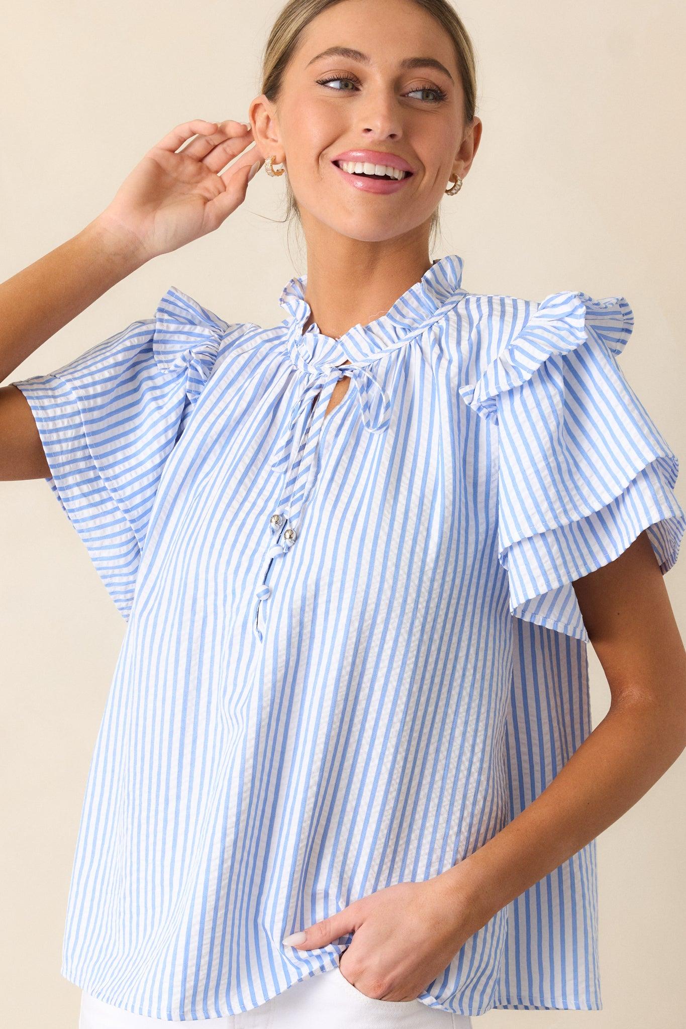 Meet Me for Lunch Blue Stripe Ruffle Sleeve Blouse Product Image