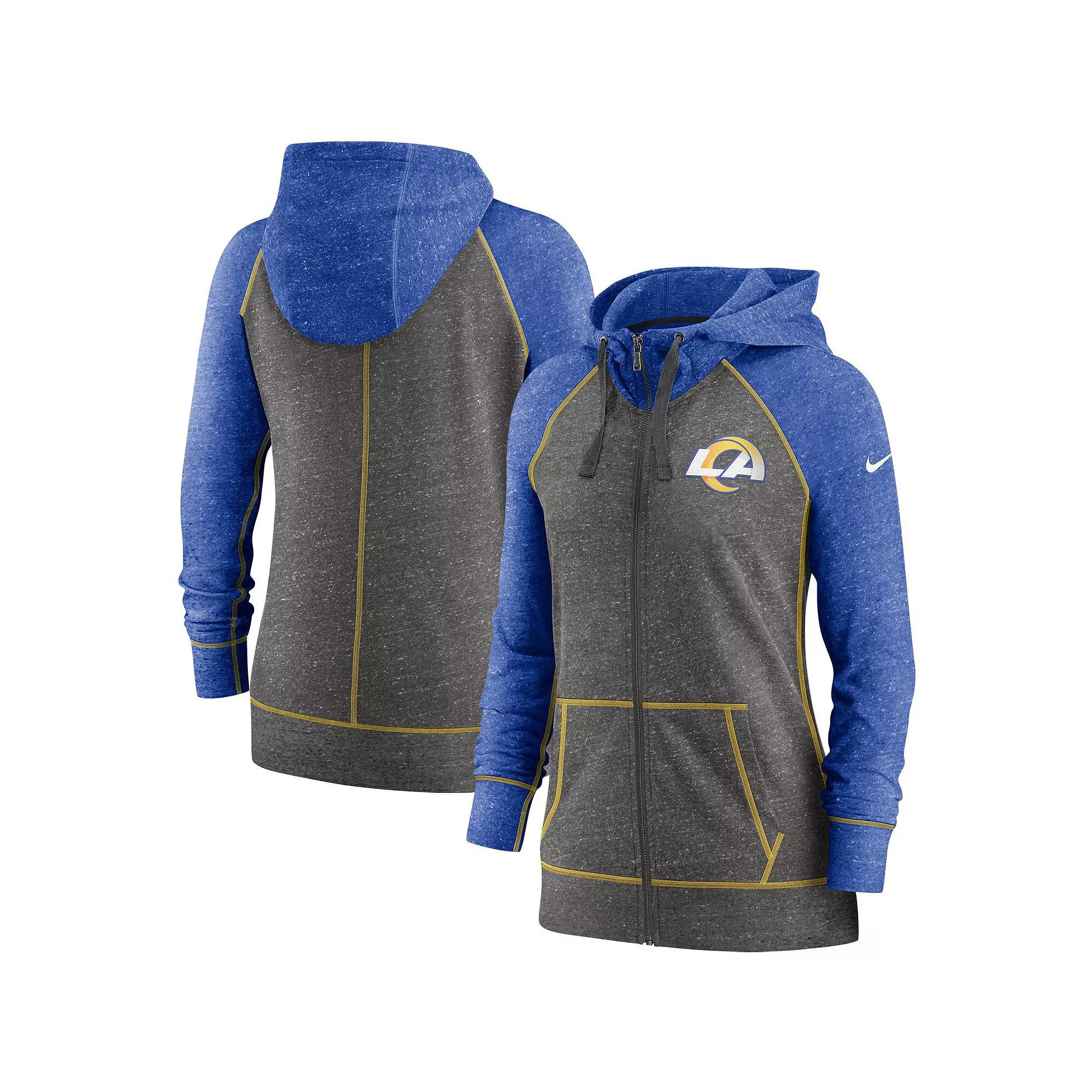 Women's Nike Heathered Charcoal/Royal Los Angeles Rams Gym Vintage Raglan Full-Zip Hoodie, Size: XL Product Image