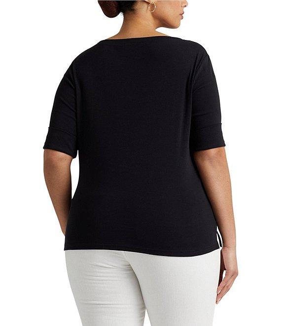 Lauren Ralph Lauren Plus Size Stretch Cotton Boat Neck Short Folded Elbow Sleeve Top Product Image