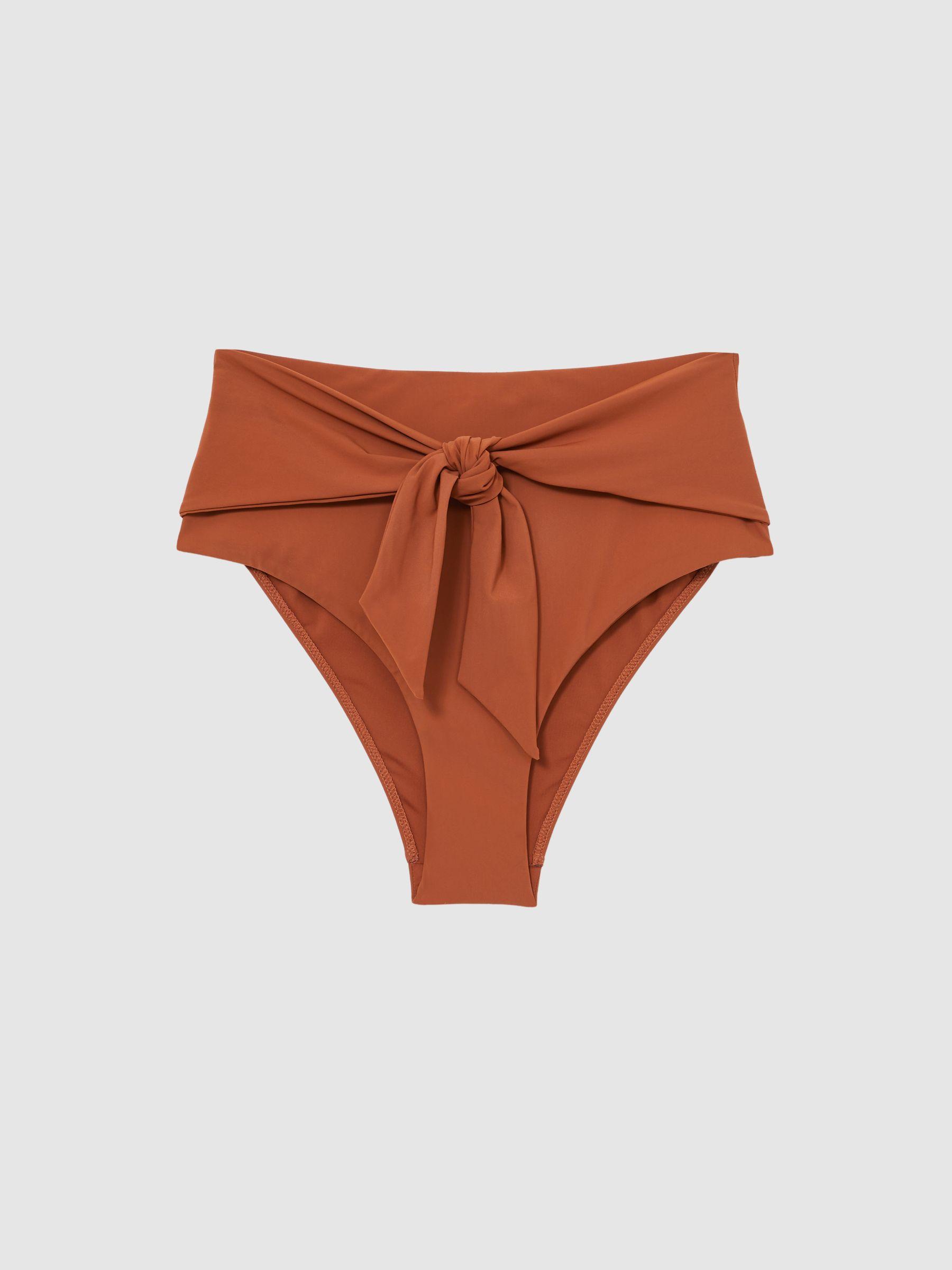 High Waist Tie Front Bikini Bottoms in Brown Product Image
