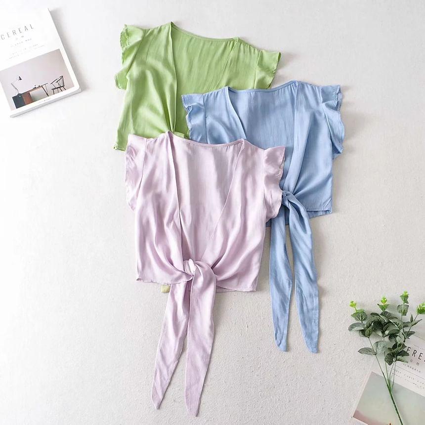 Sleeveless V-Neck Plain Ruffle Tie Front Crop Top Product Image