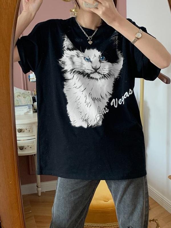Kitty Print Oversized Short Sleeve Tee Product Image