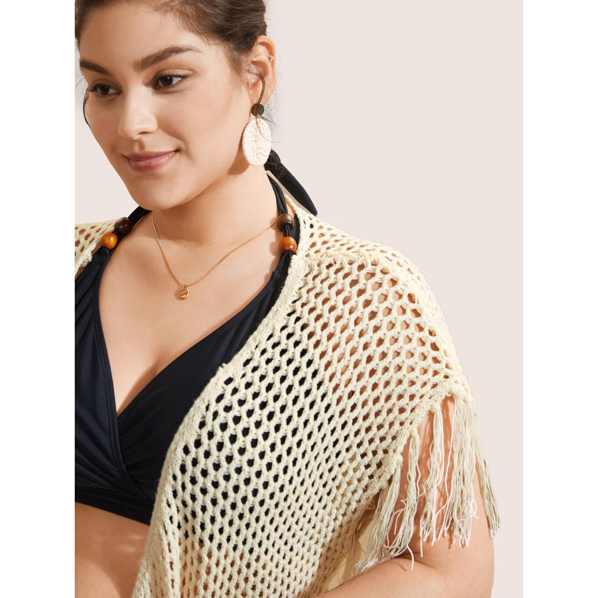 Plus Size Solid Cut Out Drawstring Tassel Trim Swim Cover Up Women's Swimwear Ivory Beach Tassels Curve Swim Cover Ups BloomChic 28/5X Product Image