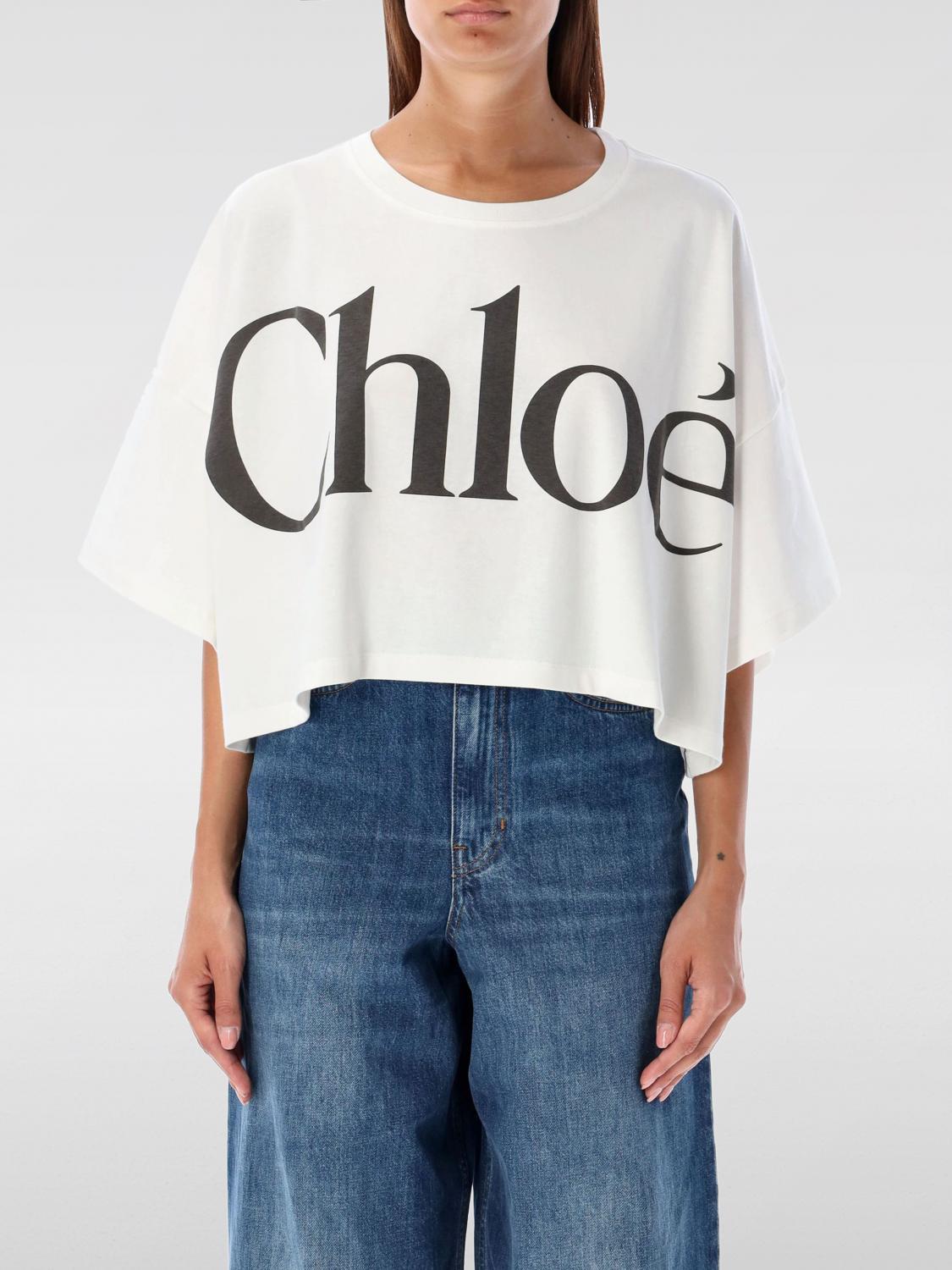 CHLOÉ White Cropped Crewneck T-shirt With Maxi Logo Print On The Front In Cotton Woman In Multicolor Product Image