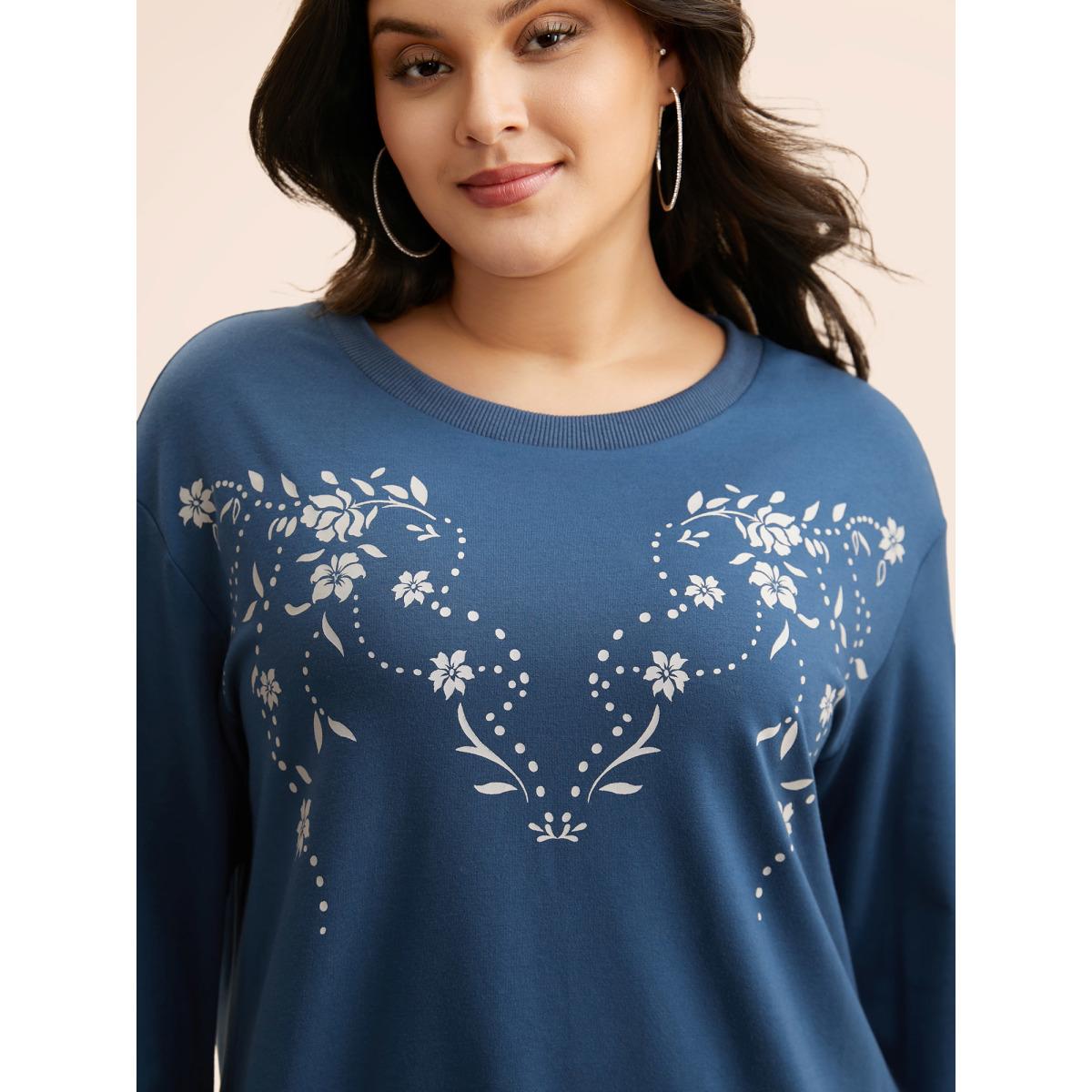 Plus Size Floral Print Drop Shoulder Sleeve Sweatshirt Women Navy Casual Patchwork Loose Round Neck Everyday Sweatshirts BloomChic 26/4X Product Image