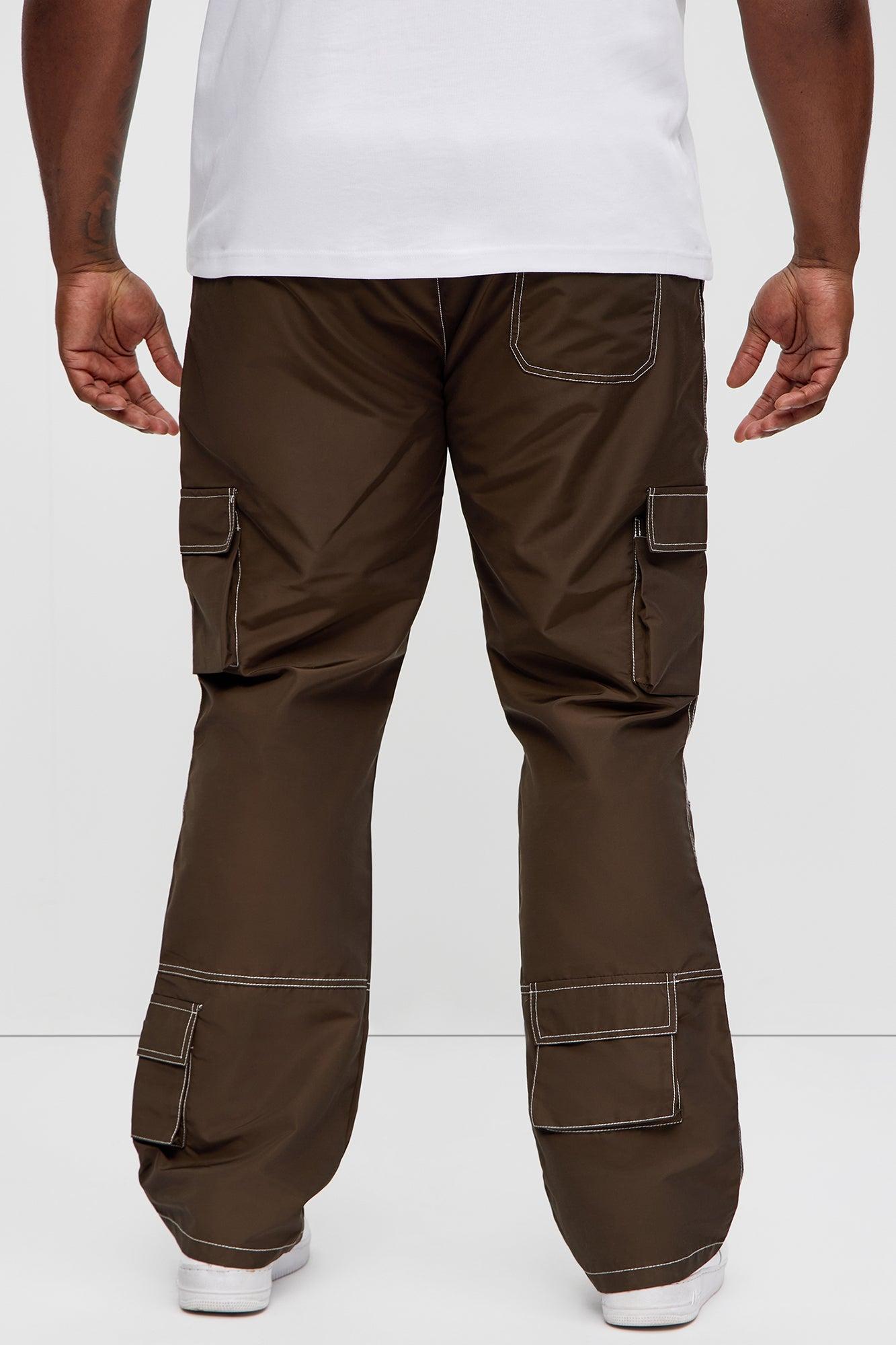 Contrast Stitch Nylon Flared Cargo Pants - Brown Product Image
