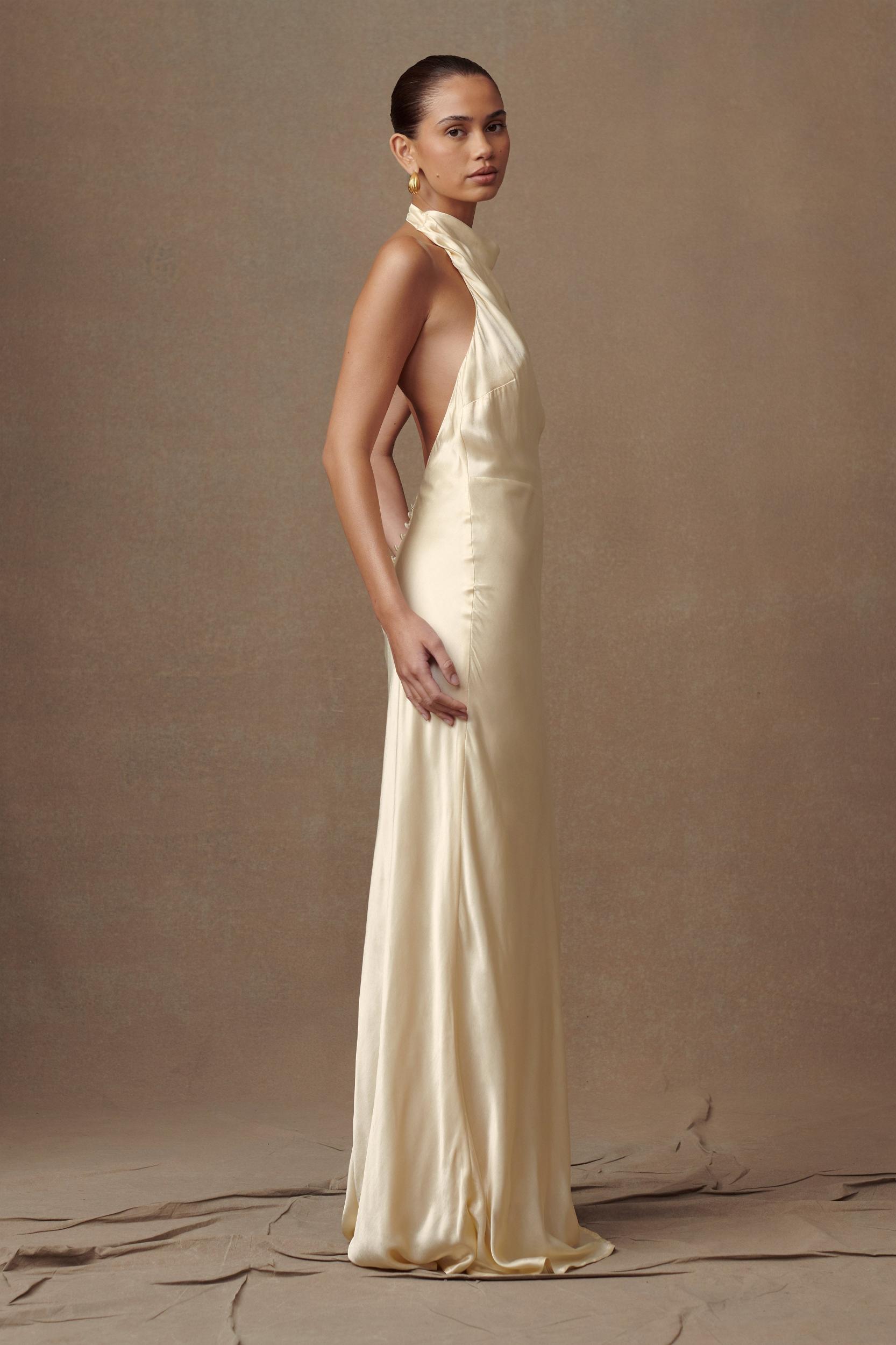 Esther Iridescent Satin Cowl Maxi Dress - Lemon Sorbet Product Image