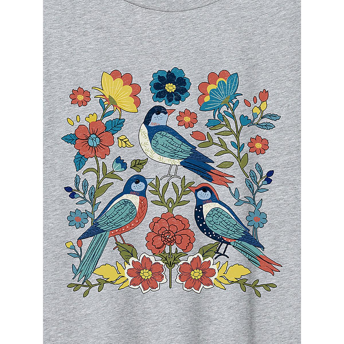Plus Size Little Birdie Print Round Neck T-Shirt Mediumgray Women Non Natural Flowers Round Neck Everyday-Casual T-shirts BloomChic 30/6X Product Image