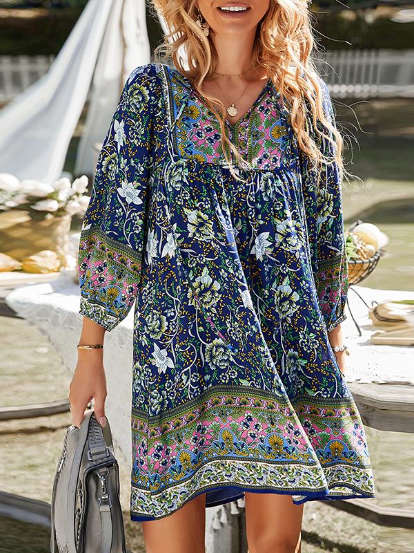 A-Line Loose Contrast Color Flower Print Pleated V-Neck Mini Dresses Product Image