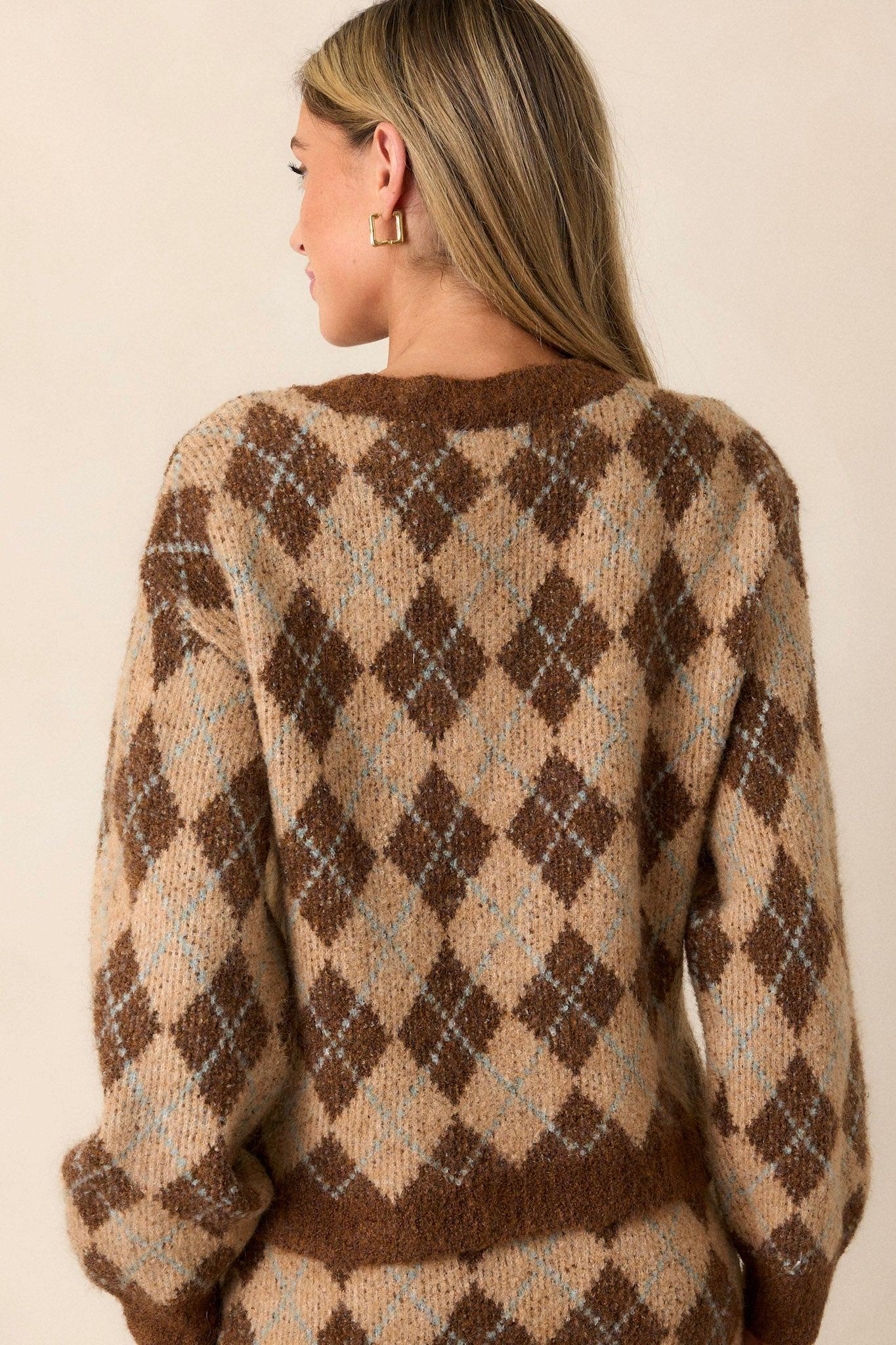 Radiant Moon Brown Argyle Knit Cardigan Product Image