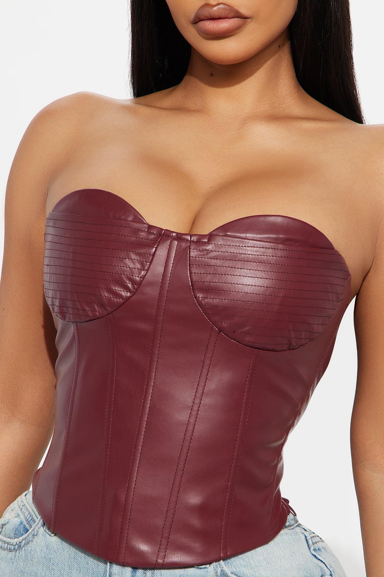 Too Perfect Faux Leather Corset Top - Burgundy Female Product Image