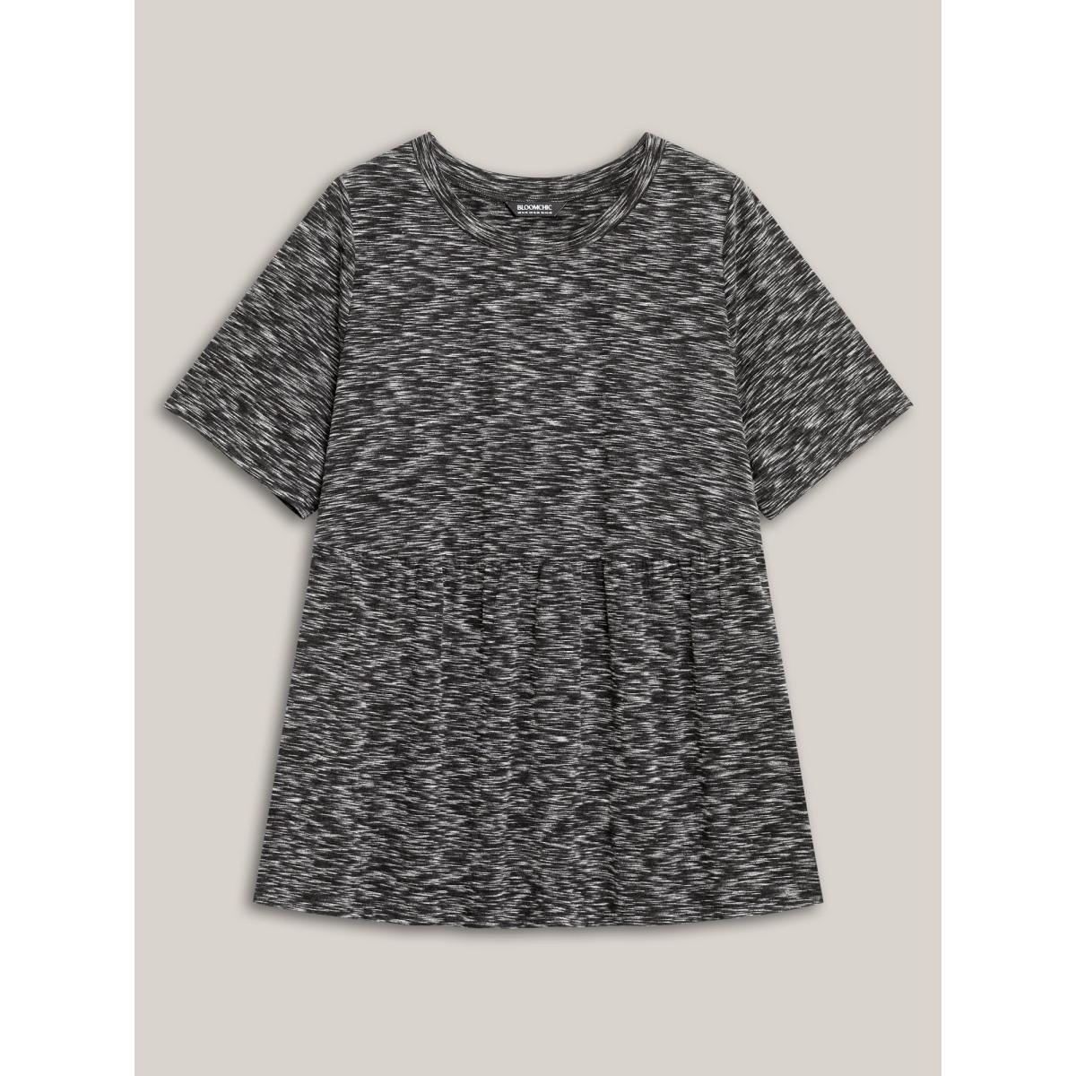 Plus Size Heathered Crew Neck Relaxed T-Shirt Black Women Leisure Gathered Round Neck Casual T-shirts BloomChic 26/4X Product Image