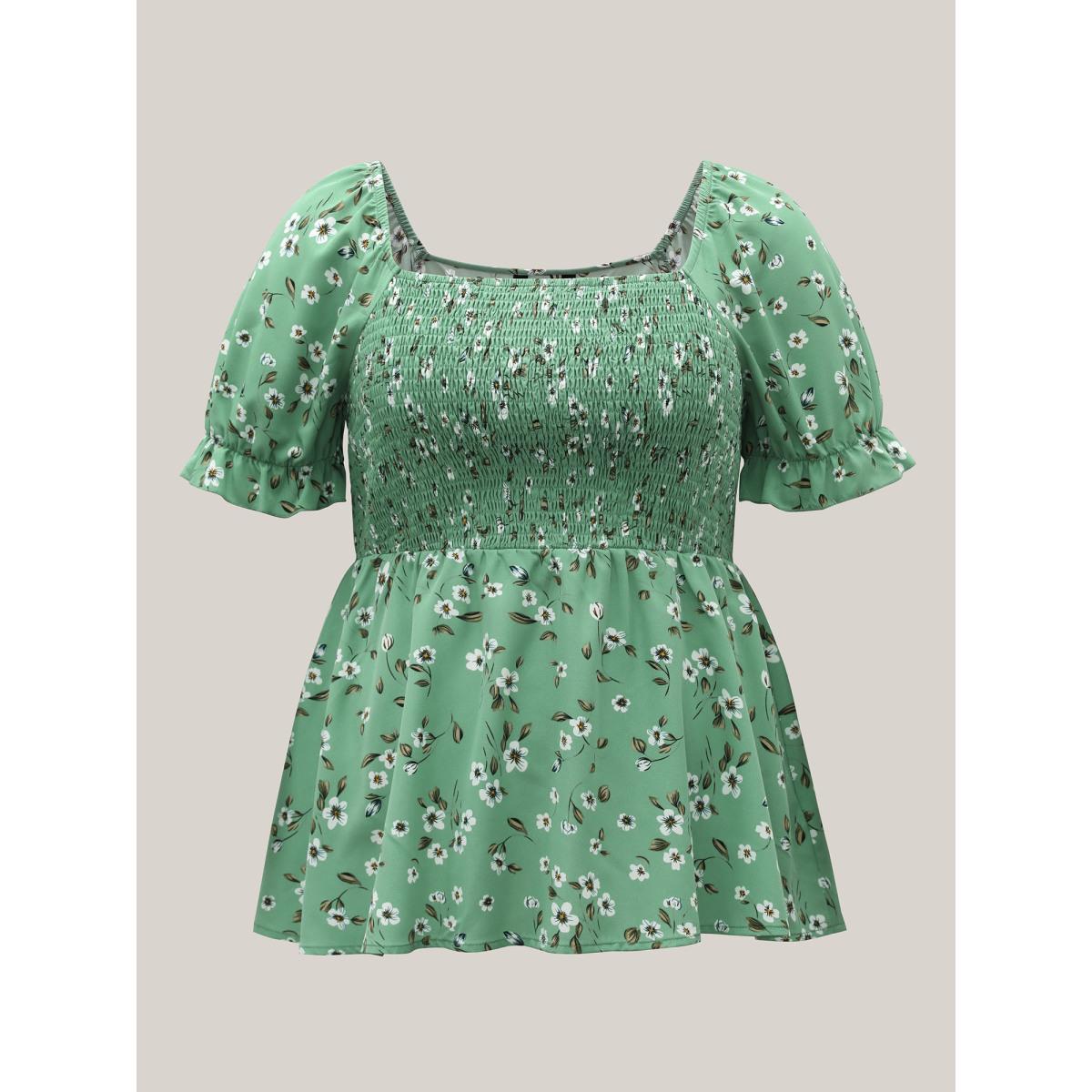 Plus Size Greenbean Floral Print Smocked Stretchy Waist Shirt Women Elegant Short sleeve Square Neck Everyday Blouses BloomChic 22-24/3X Product Image