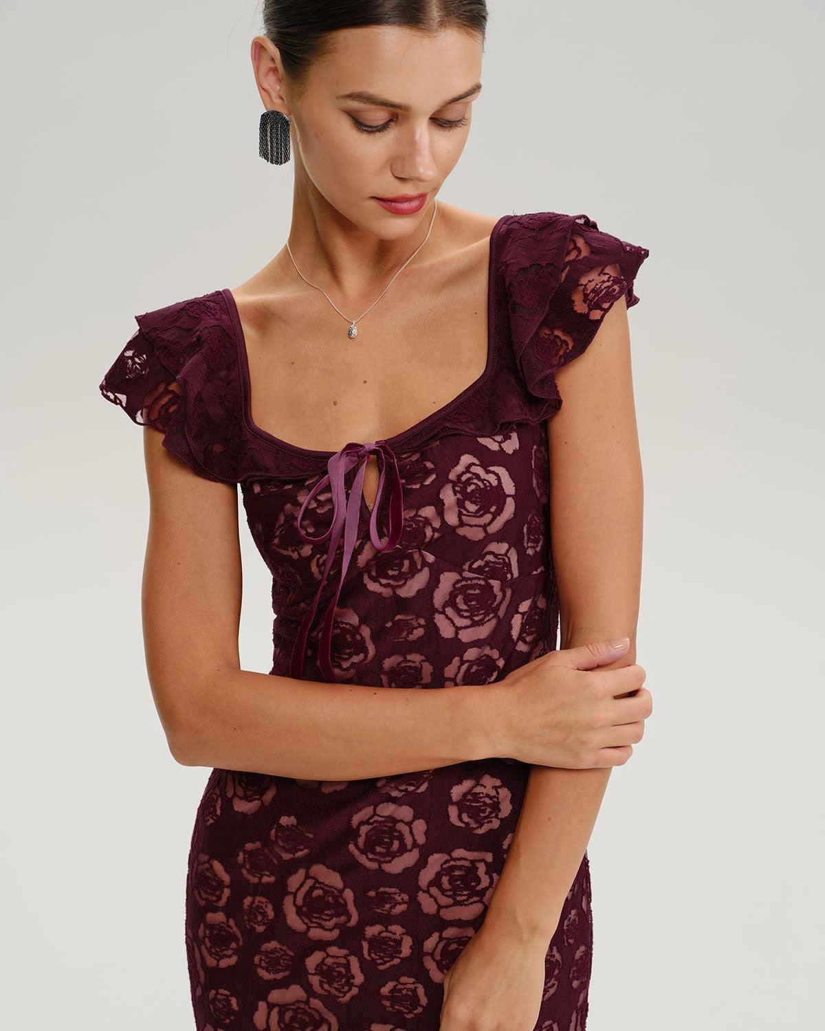 Wine Red Floral Mermaid Midi Dress Product Image