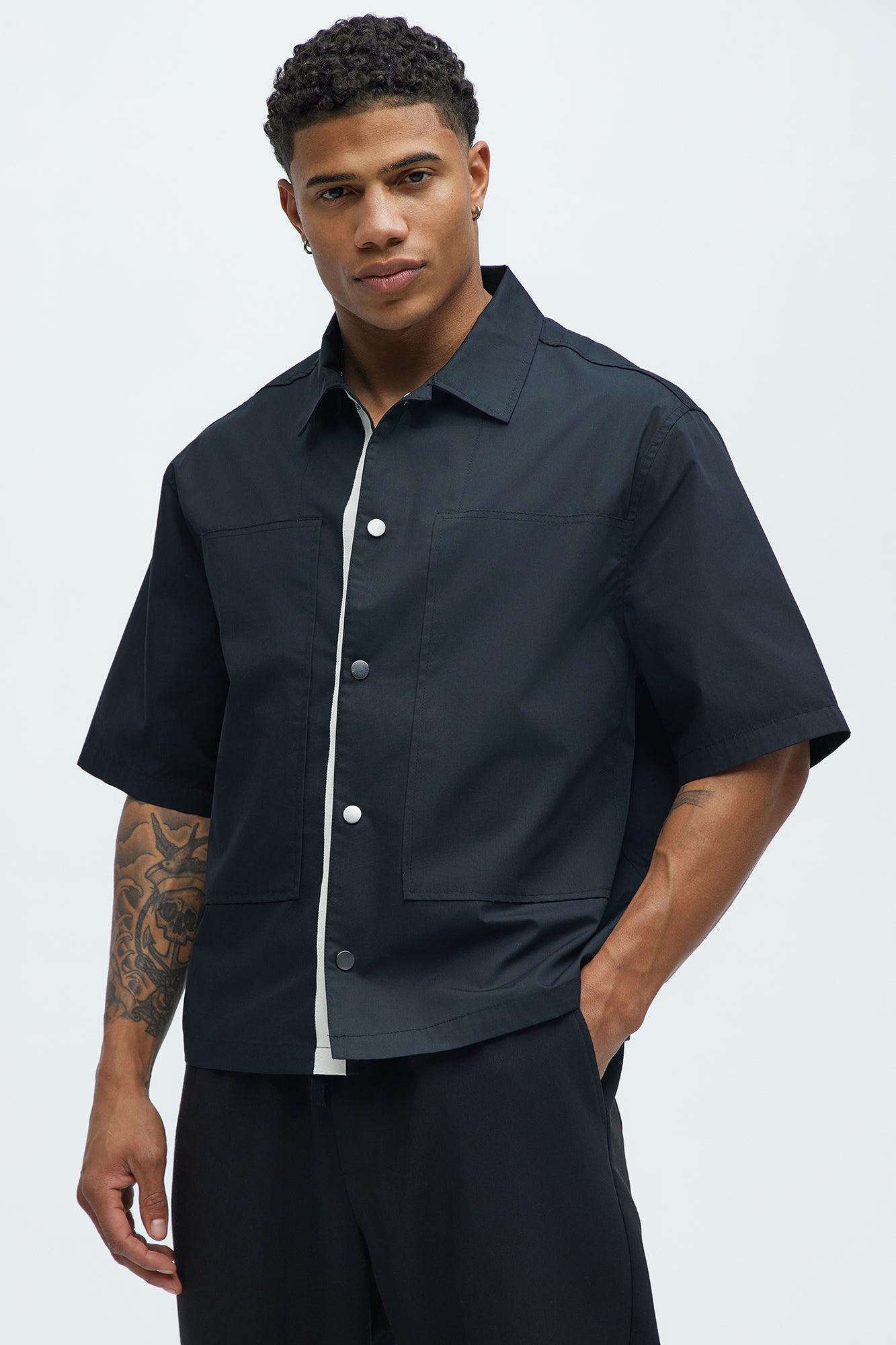 Contrast Panel Cropped Button Up Shirt - Black Product Image