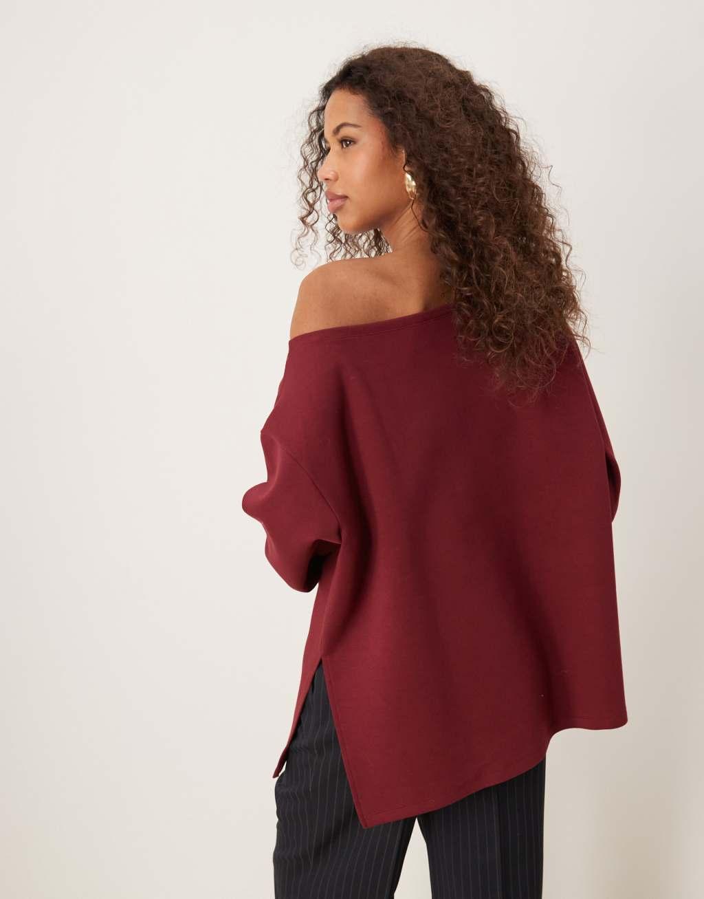 ASOS DESIGN oversized off shoulder interlock sweatshirt in burgundy Product Image