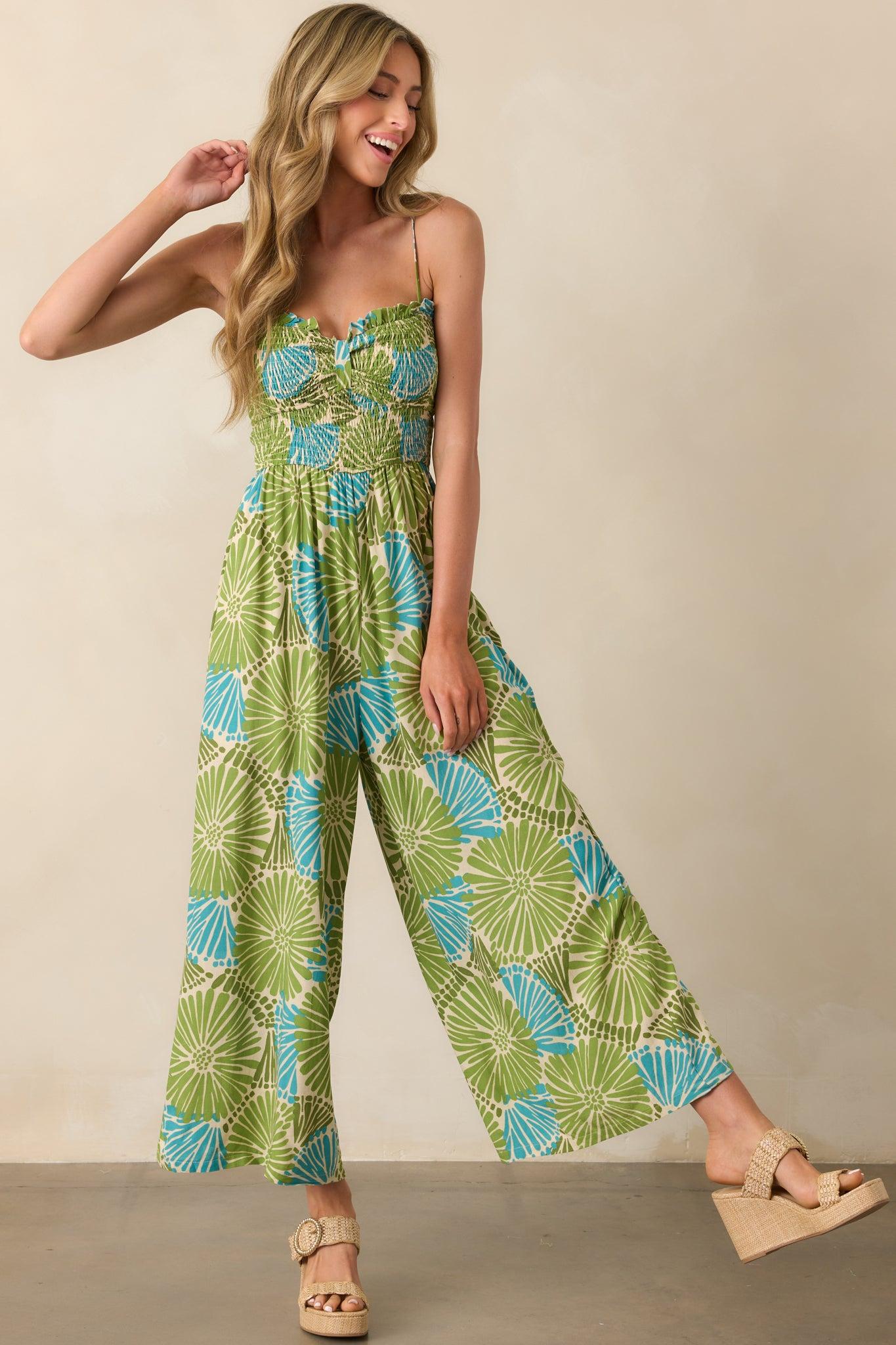 Something Light And Easy Green Floral Linen Blend Jumpsuit Product Image