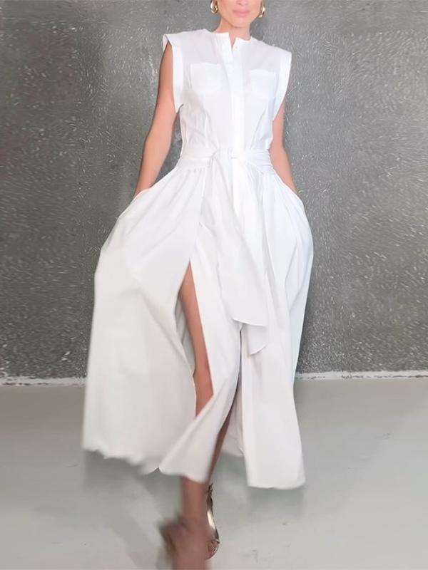 Cap Sleeve Loose Buttoned Solid Color Split-Side Tied Waist Maxi Dresses Shirt Dress Product Image