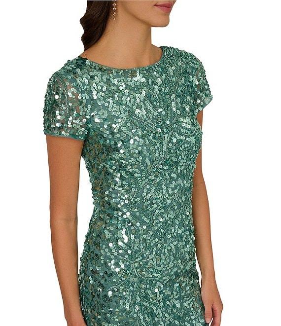 Adrianna Papell Petite Size Beaded Crew Neck Short Sleeve Column Gown Product Image