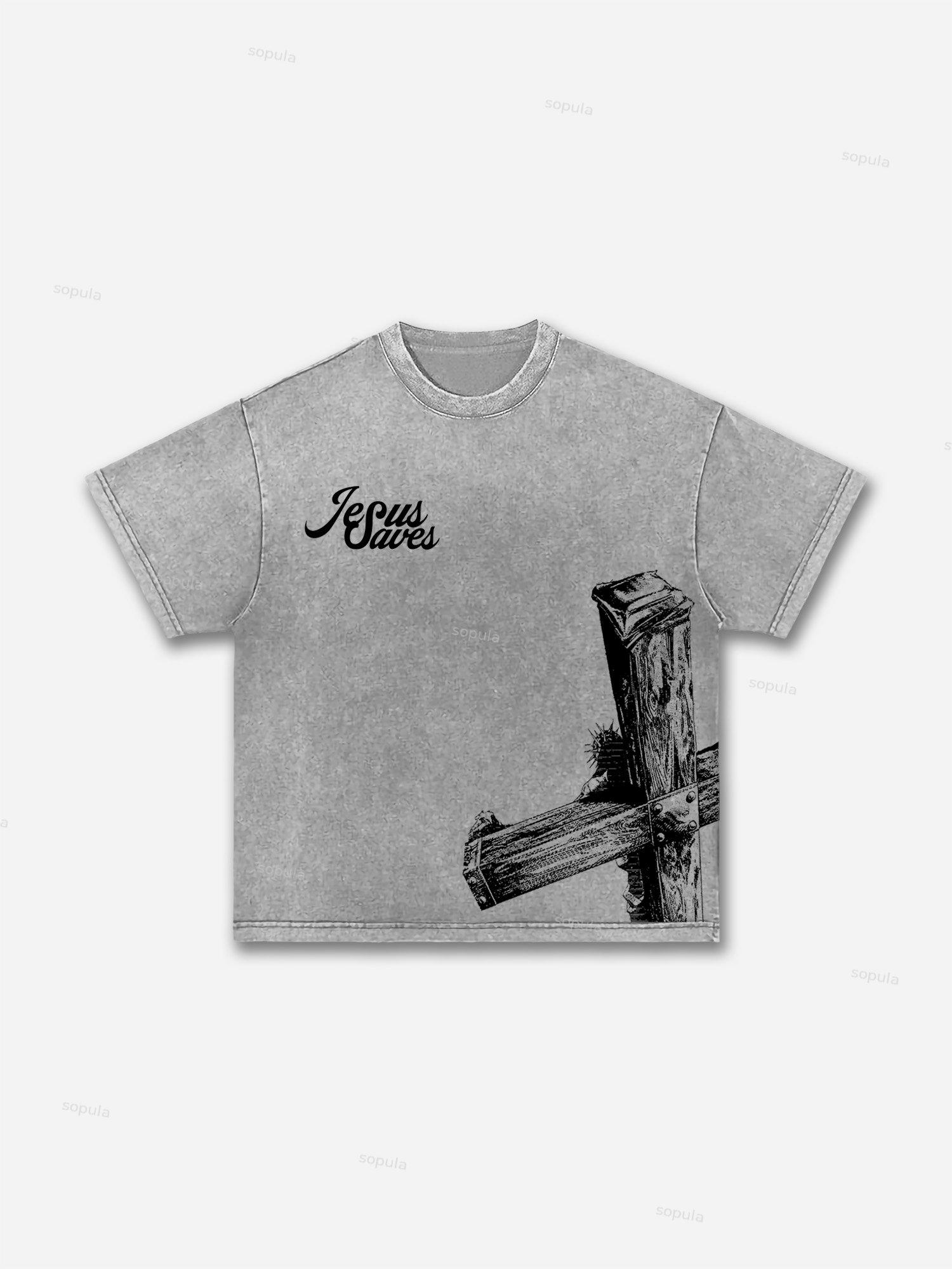Sopula Vintage Casual Jesus Saves Graphic Acid Washed T-Shirt Product Image