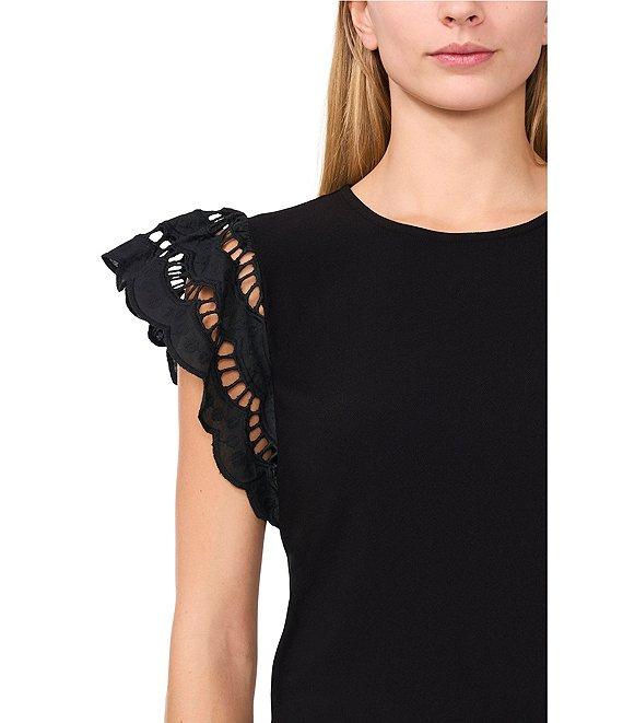 CeCe Crew Neck Short Sleeve Ruffle Eyelet Embroidered Tee Product Image