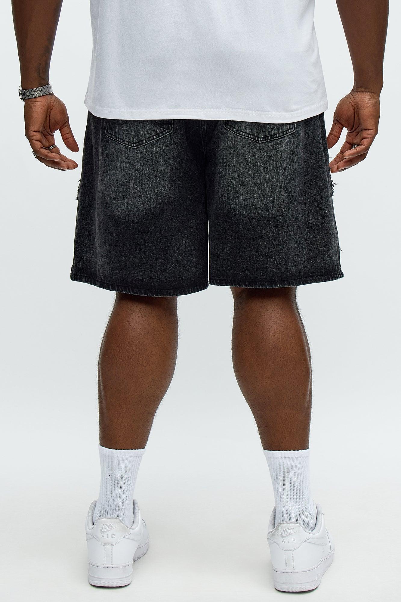 Relaxed Rugged Fray Denim Shorts - Black Wash Product Image
