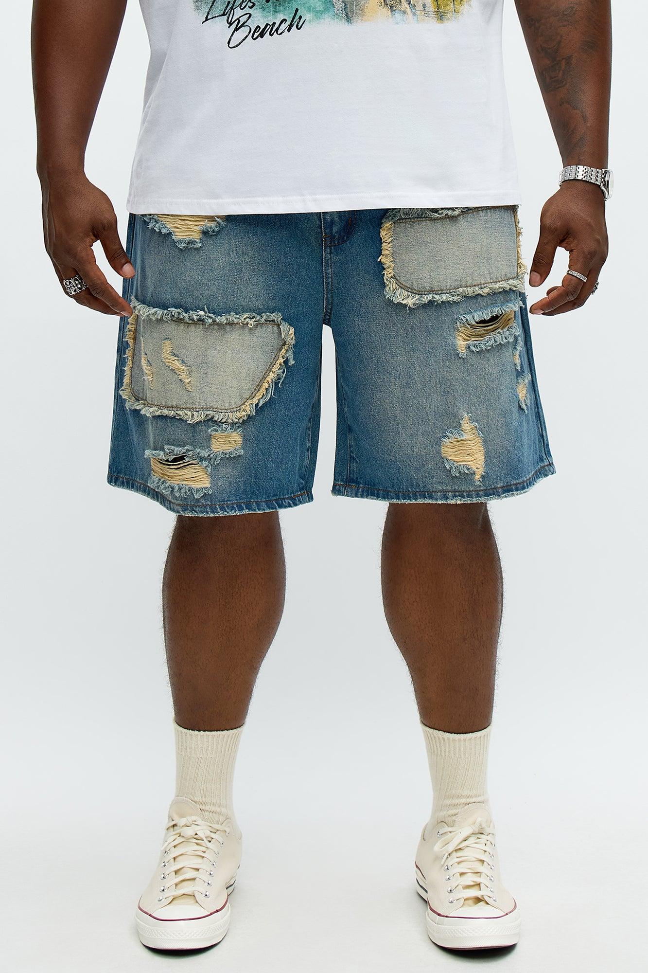 Relaxed Patches With Fray Distressed Denim Shorts - Vintage Blue Wash Male Product Image