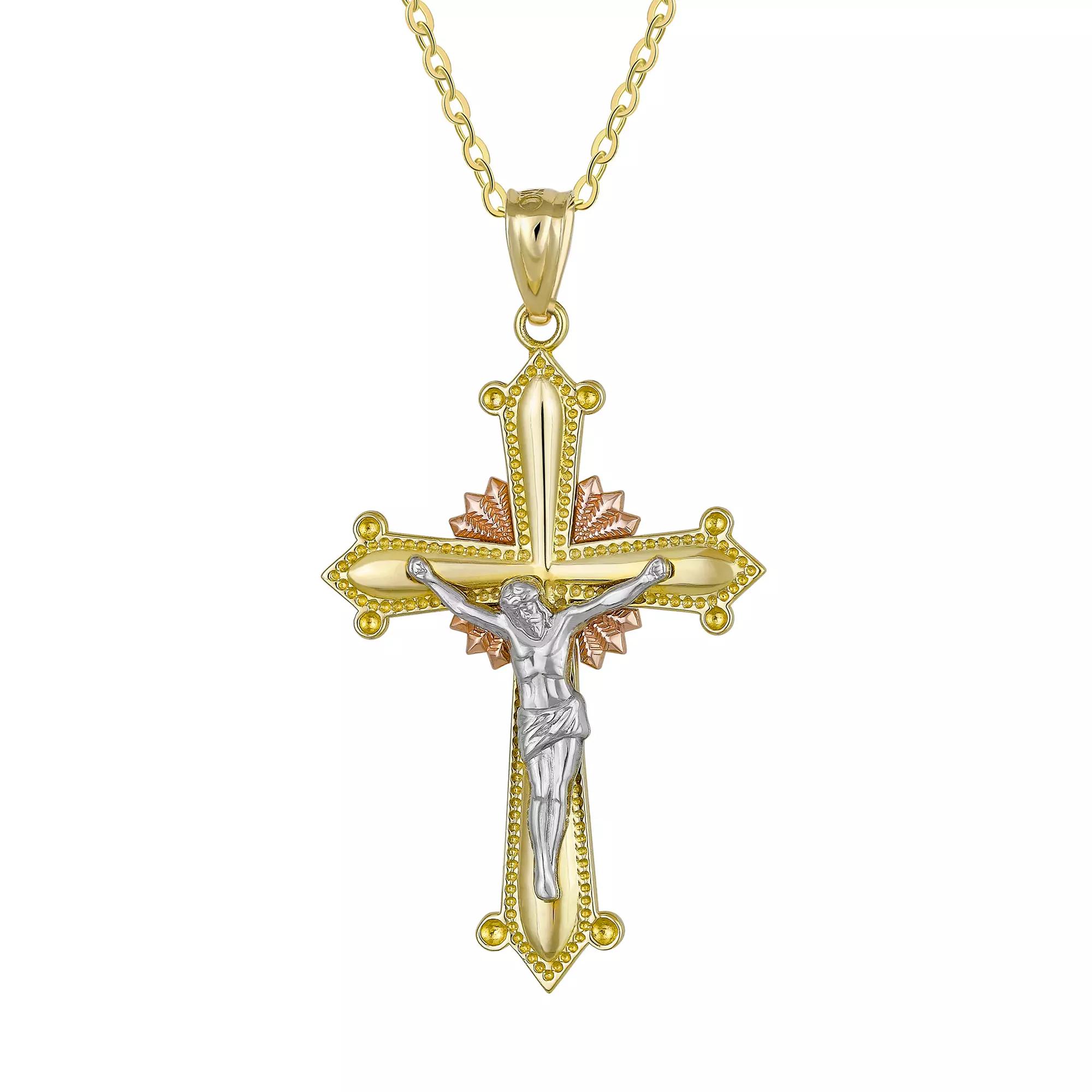 14k Gold Tri-Tone Crucifix Pendant Necklace, Women's, Size: 18" Product Image
