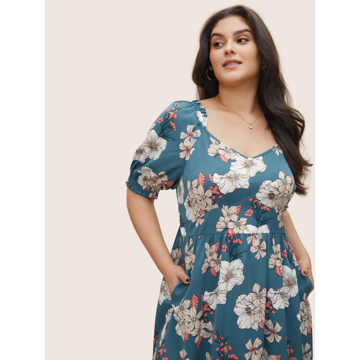 Plus Size Floral Frill Trim Shirred Pocket Square Neck Dress Stone Women Elegant Non Square Neck Short sleeve Curvy Midi Dress BloomChic 10/M Product Image