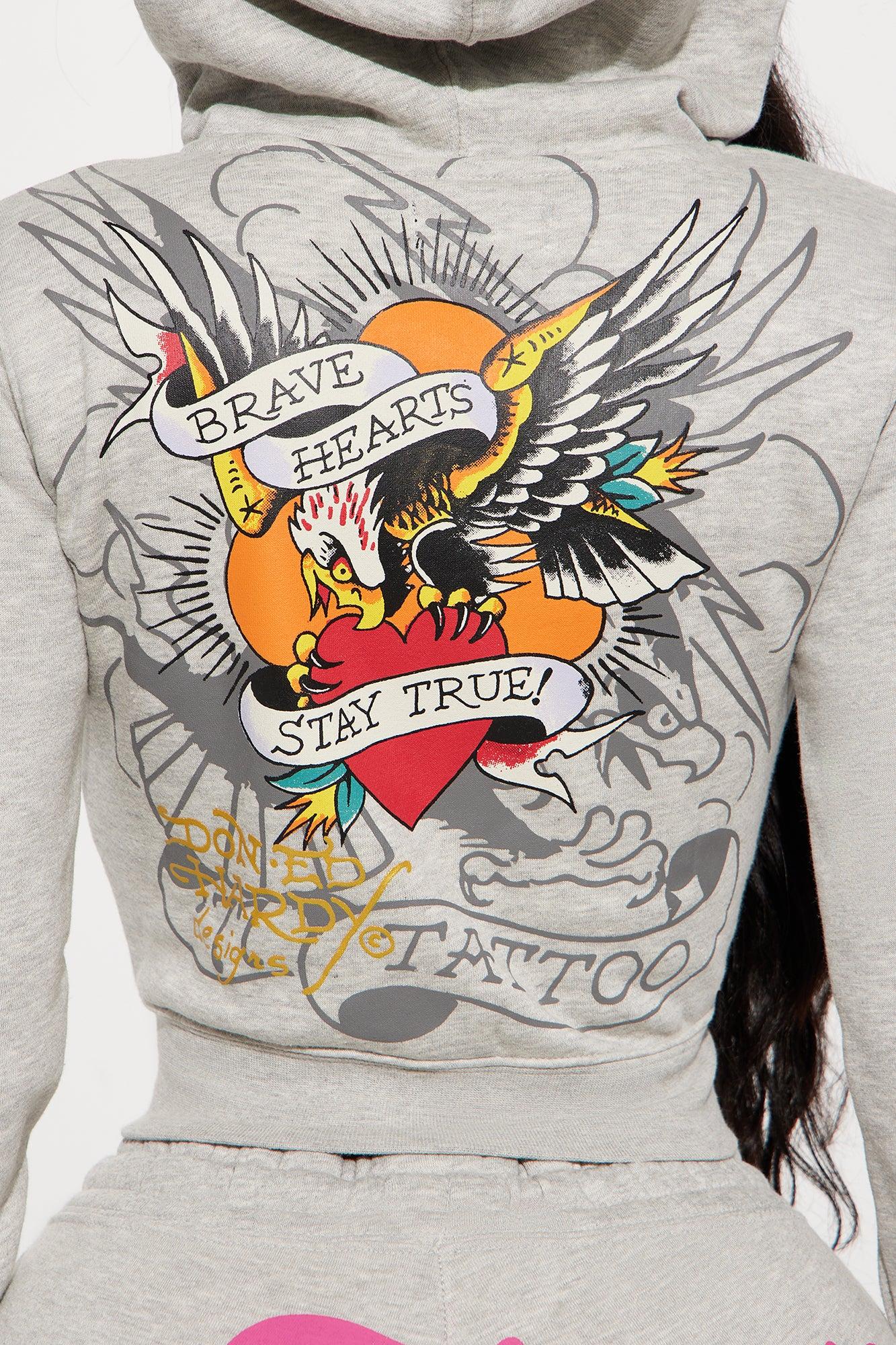 Ed Hardy Rose And Sword Zip Front Hoodie - Heather Grey Product Image
