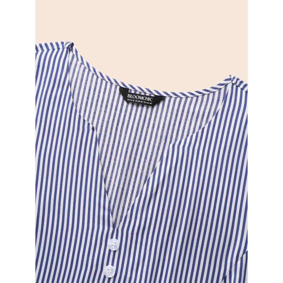 Plus Size Navy Striped Gathered Button Detail Lantern Sleeve Blouse Women Elegant Elbow-length sleeve V-neck Everyday Blouses BloomChic 12/L Product Image