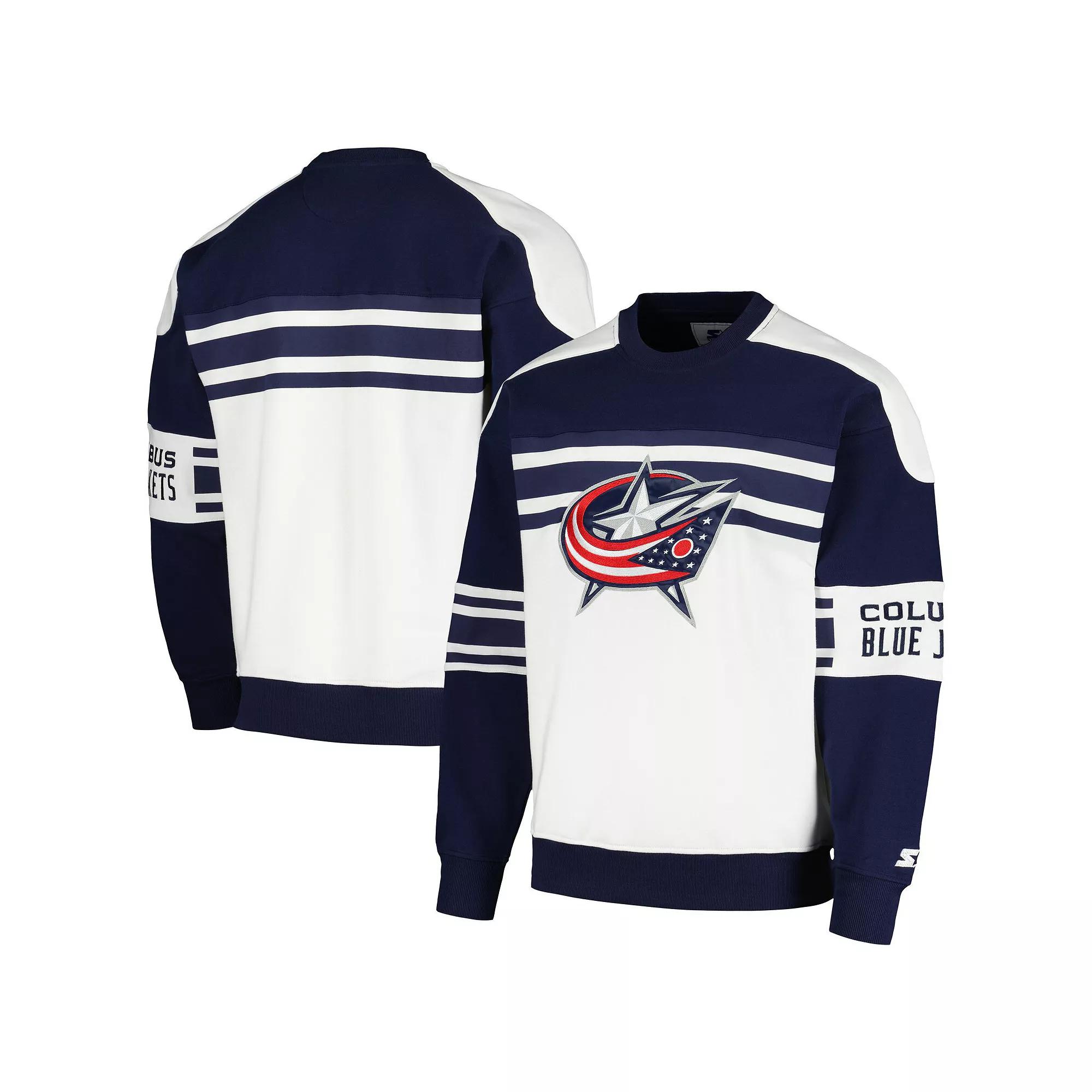 Men's Starter White Columbus Blue Jackets Defense Fleece Crewneck Pullover Sweatshirt, Size: Large Product Image