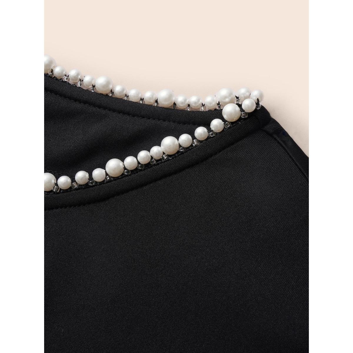 Plus Size Black Pearl Beaded Petal Sleeve Stretch Blouse Women Elegant Half Sleeve Round Neck Everyday Blouses BloomChic 10/M Product Image