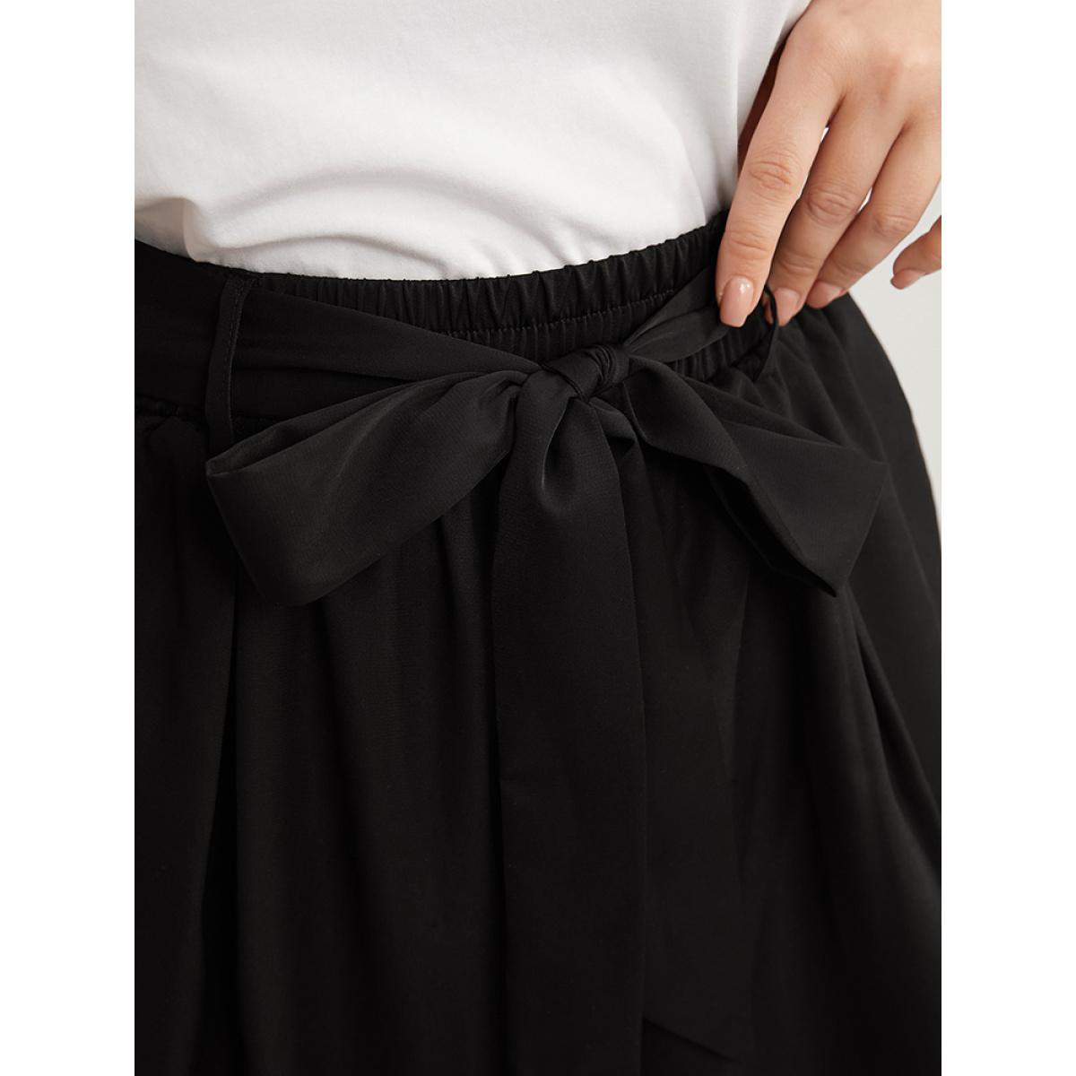 Plus Size Solid Elastic Waist Knotted Front Pocket Wide Leg Pants Women Black Casual Wide Leg High Rise Dailywear Pants BloomChic 10/M Product Image