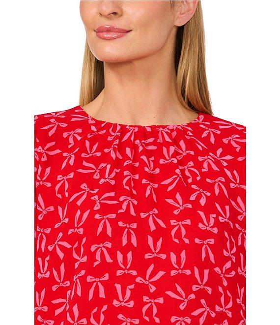 CeCe Gauze Chiffon Bow Print Crew Neck Long Ruffle Sleeve Top Product Image