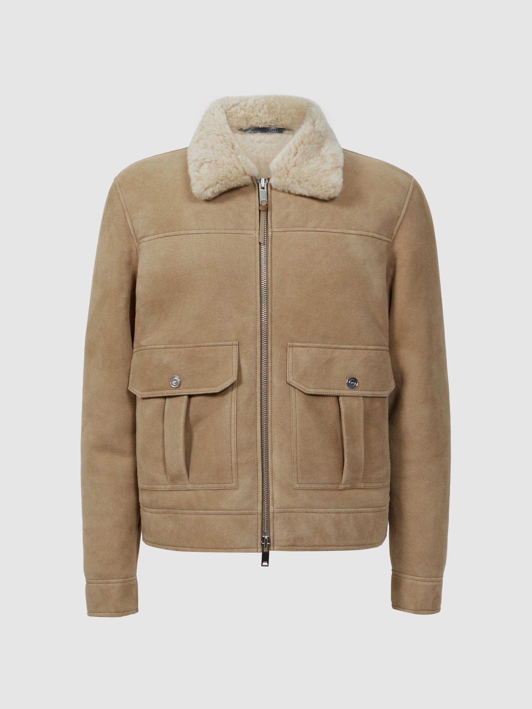 Suede Sheepskin Zip-Through Jacket in Stone Product Image