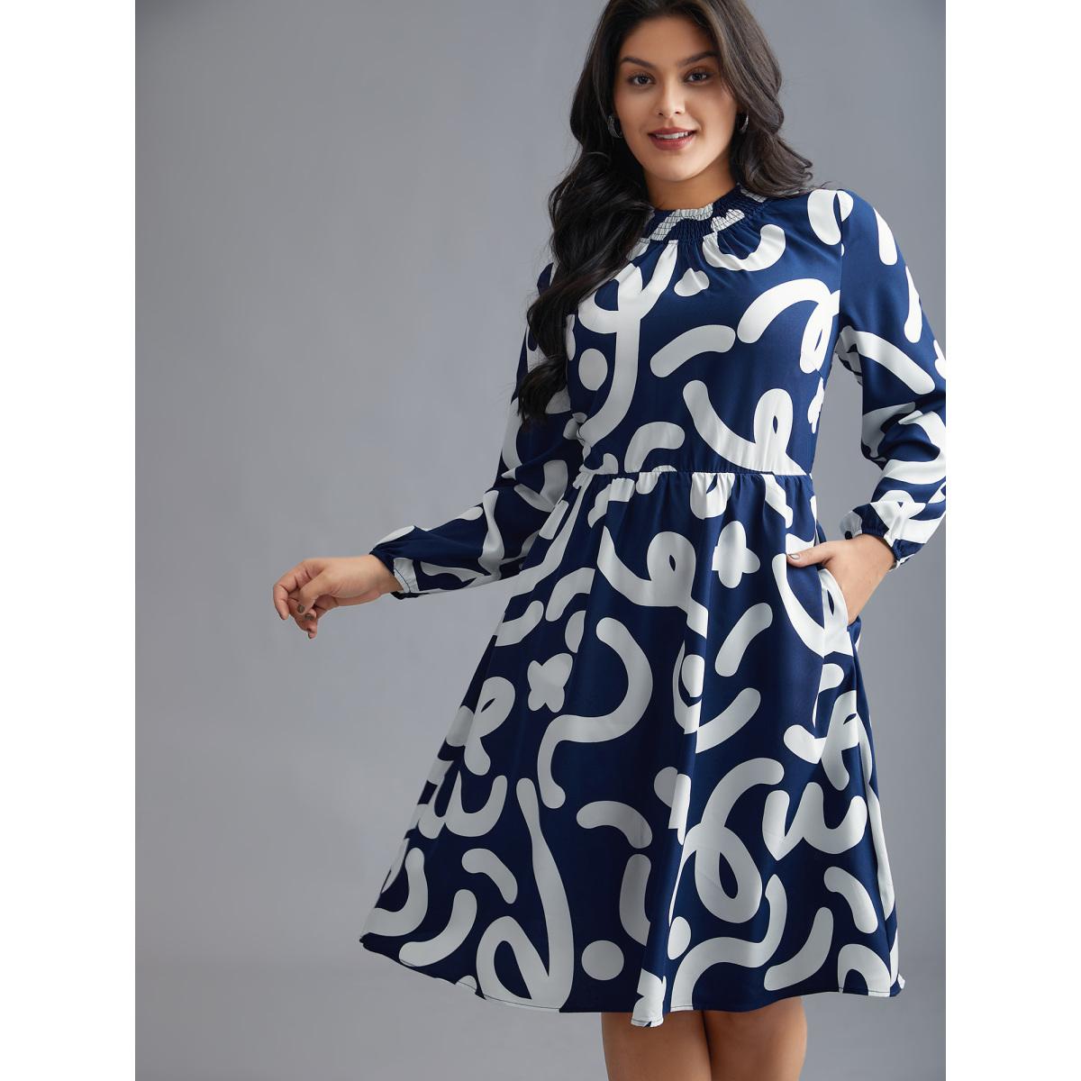 Plus Size Geometric Print Shirred Pocket Dress DarkBlue Women Elegant Shirred Mock Neck Long Sleeve Curvy BloomChic 26/4X Product Image