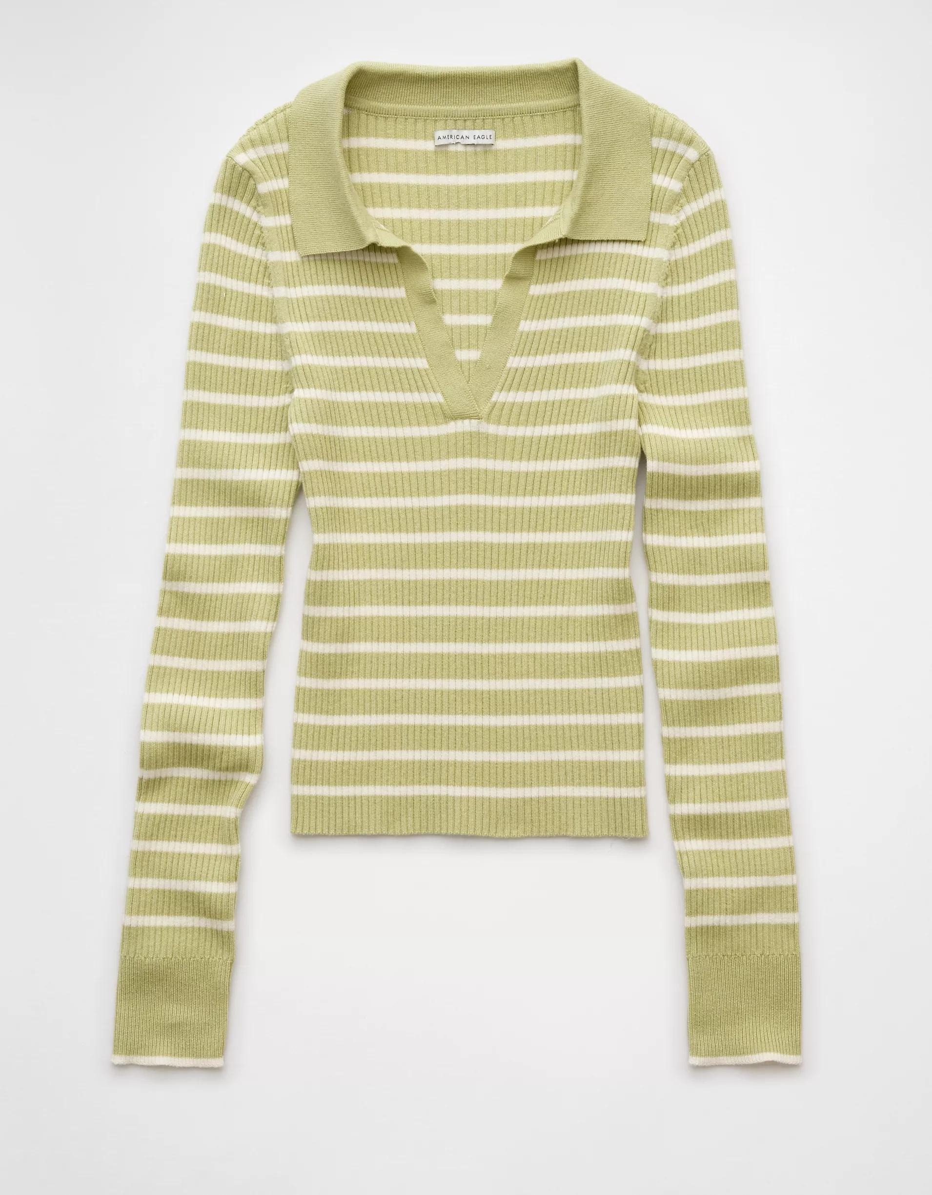 AE Long-Sleeve Striped Collared Polo Sweater Product Image