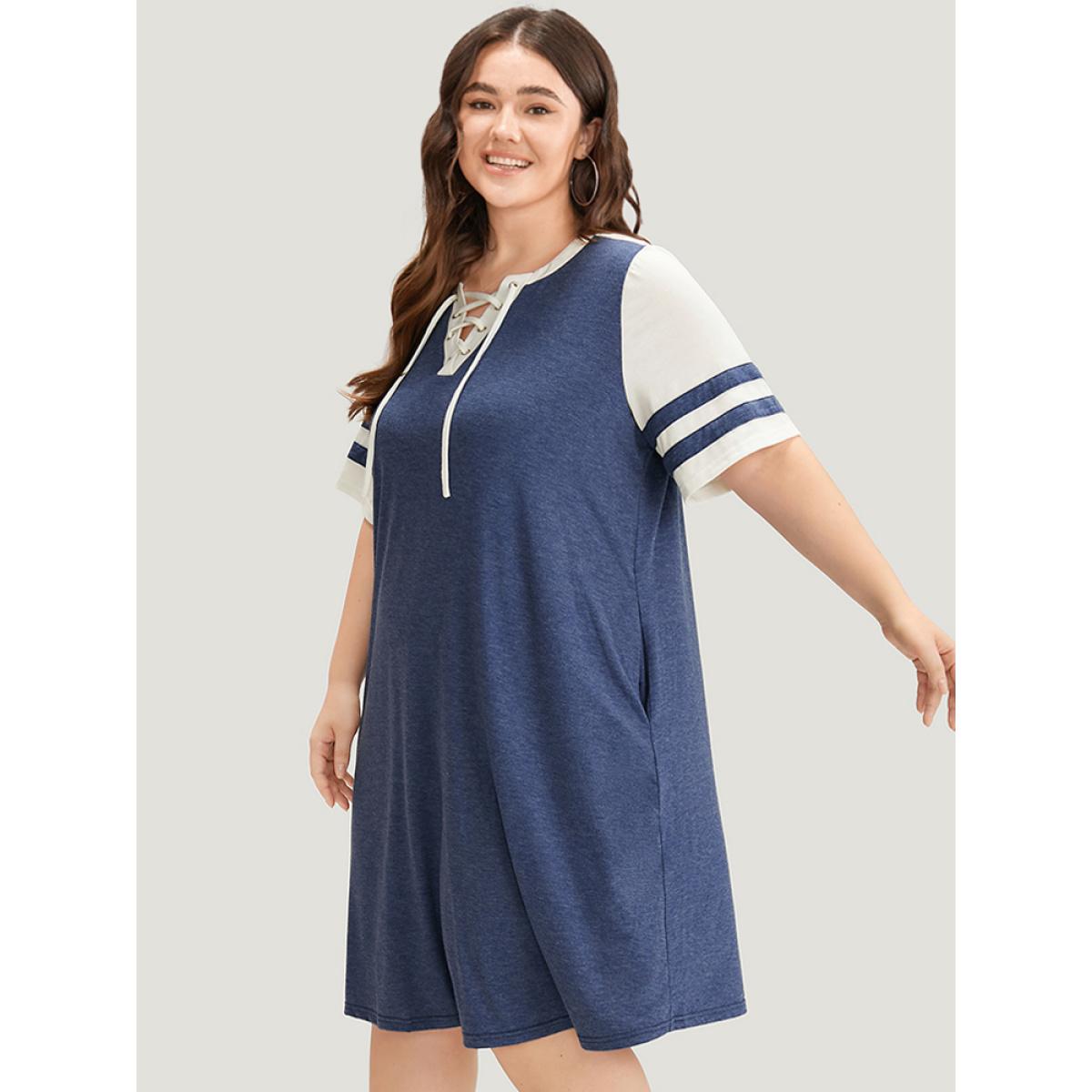 Plus Size Supersoft Essentials Striped Pocket Patchwork Lace Up Dress Indigo Women Casual Cross straps V-neck Short sleeve Curvy Knee Dress BloomChic 22-24/3X Product Image