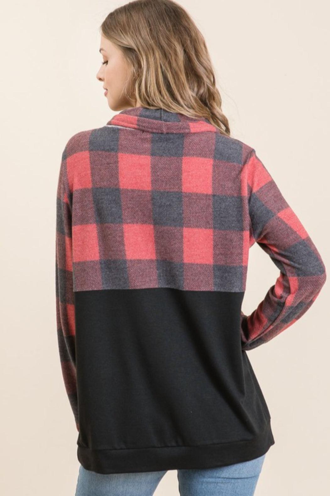 BRUSHED CHECK PLAID COWL NECK TOP Product Image