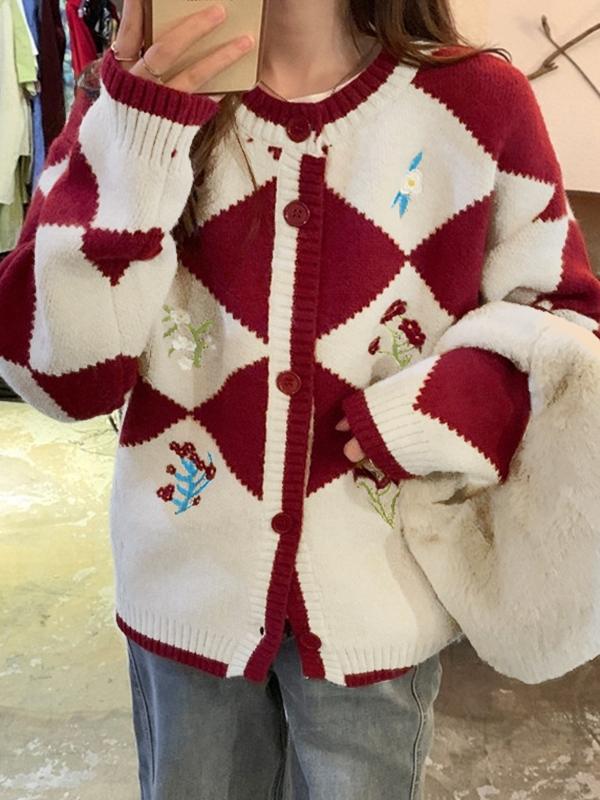 Floral Embroidery Argyle Buttoned Cardigan Product Image
