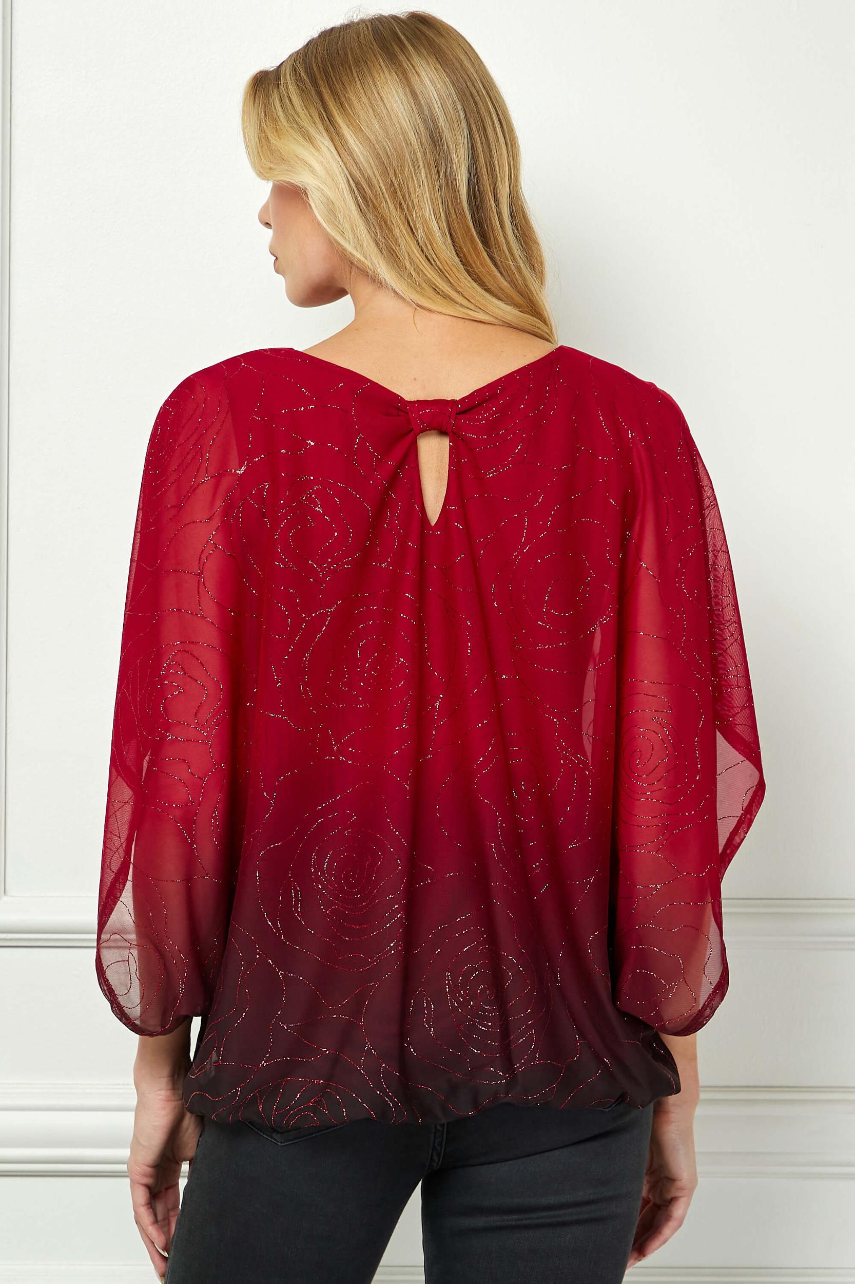 Elbow Sleeve Poncho Cutout Knot Back Bubble Blouse in Red Product Image