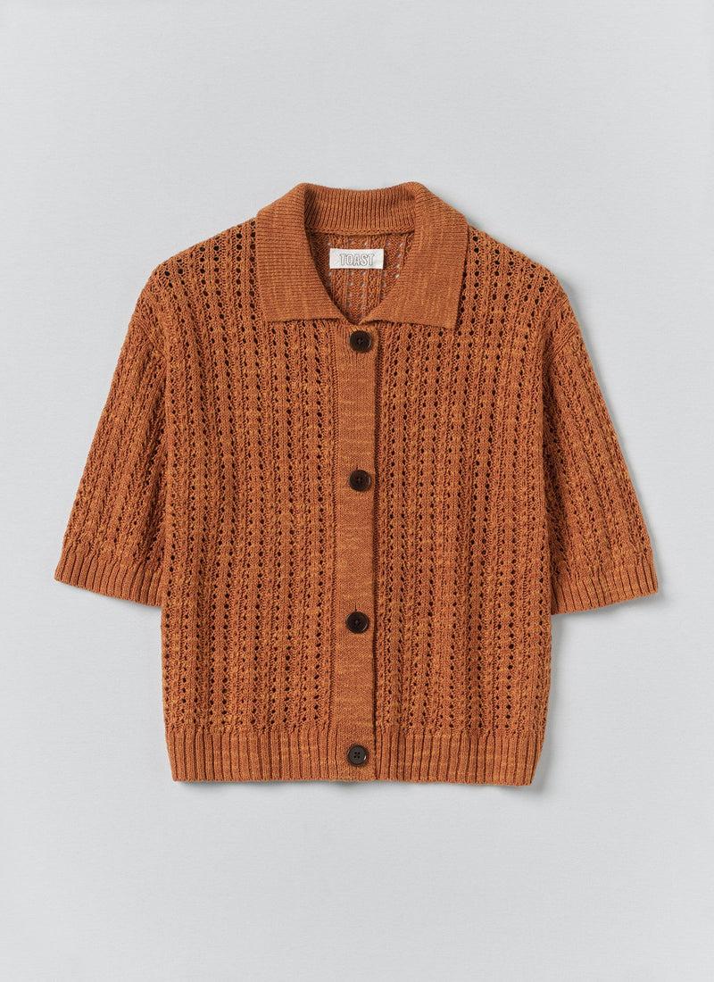 Open Stitch Knitted Linen Cotton Polo | Amber Product Image