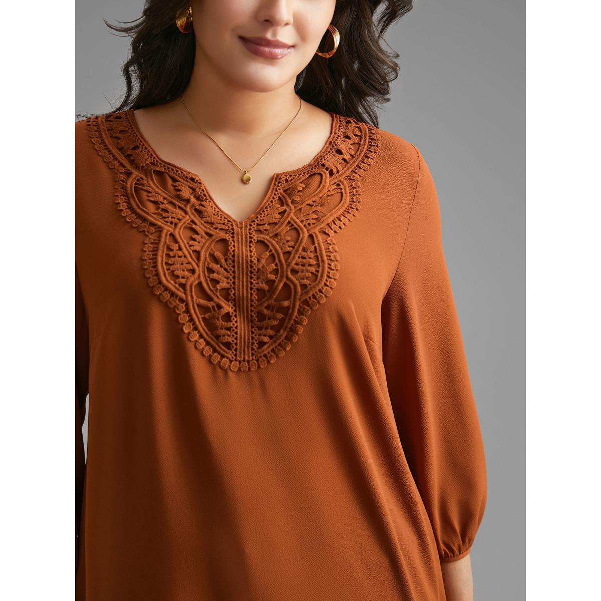 Plus Size Rust Notched Lace Trim Gathered Blouse Women Elegant Extra Long Sleeve Flat collar with V-notch Everyday Blouses BloomChic 30/6X Product Image