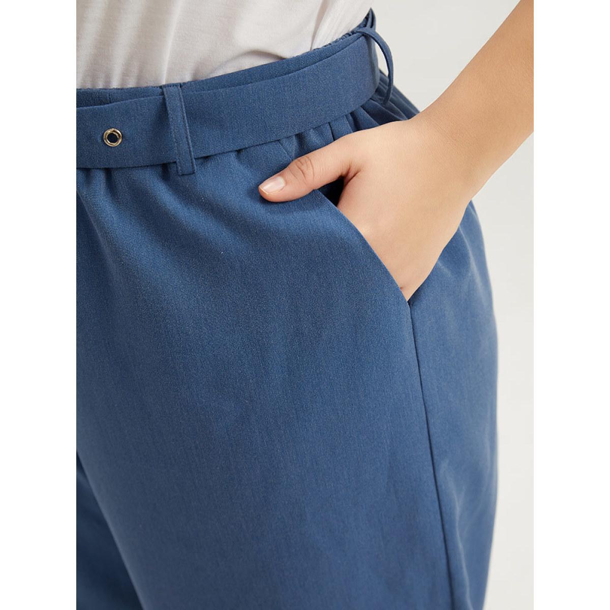 Plus Size Plain Belted Buckle Detail Cropped Pants Women DarkBlue Casual Straight Leg High Rise Dailywear Pants BloomChic 12/L Product Image