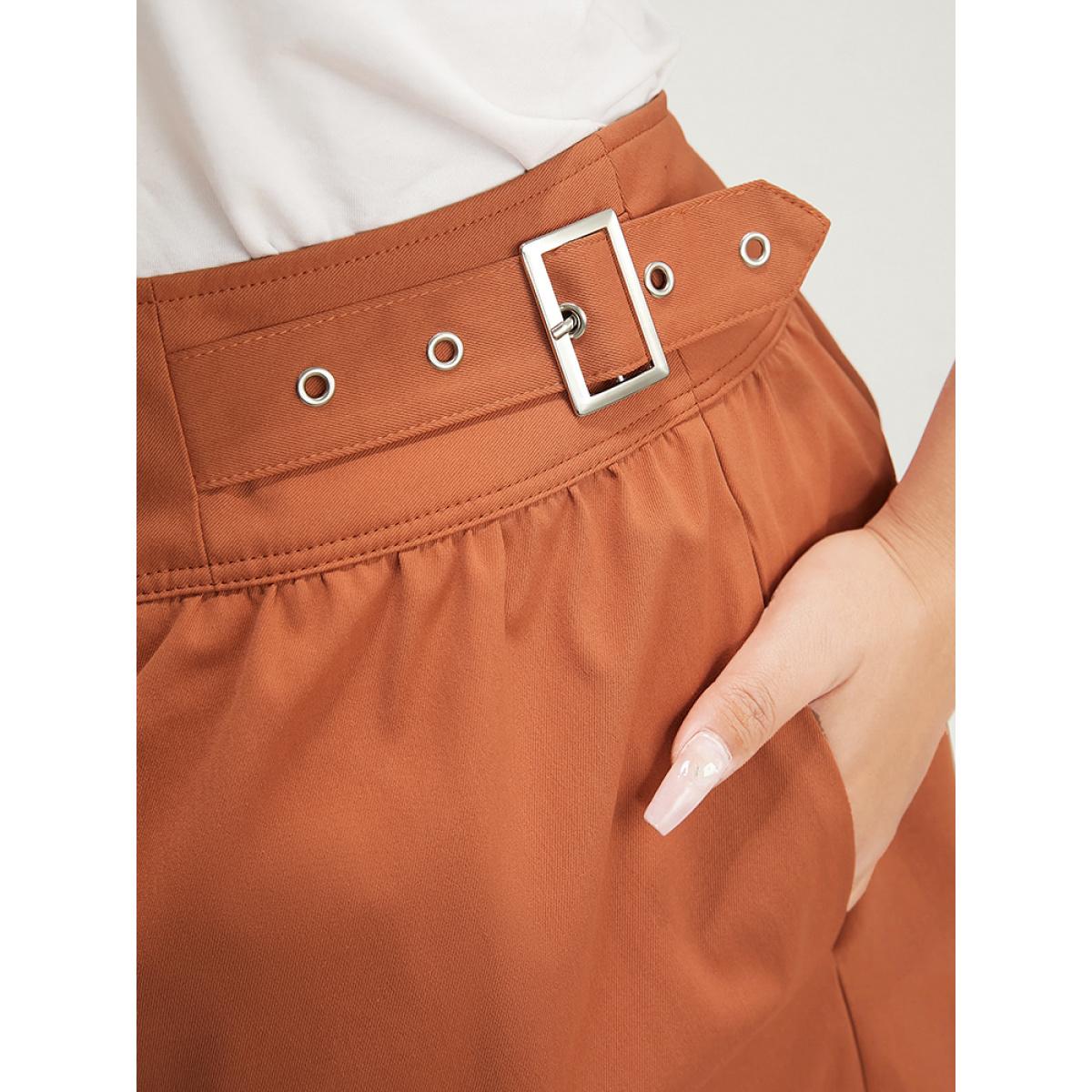 Plus Size Solid Buckle Detail Zipper Back Shorts Women Rust Office Plain Loose Dailywear Shorts BloomChic 30/6X Product Image