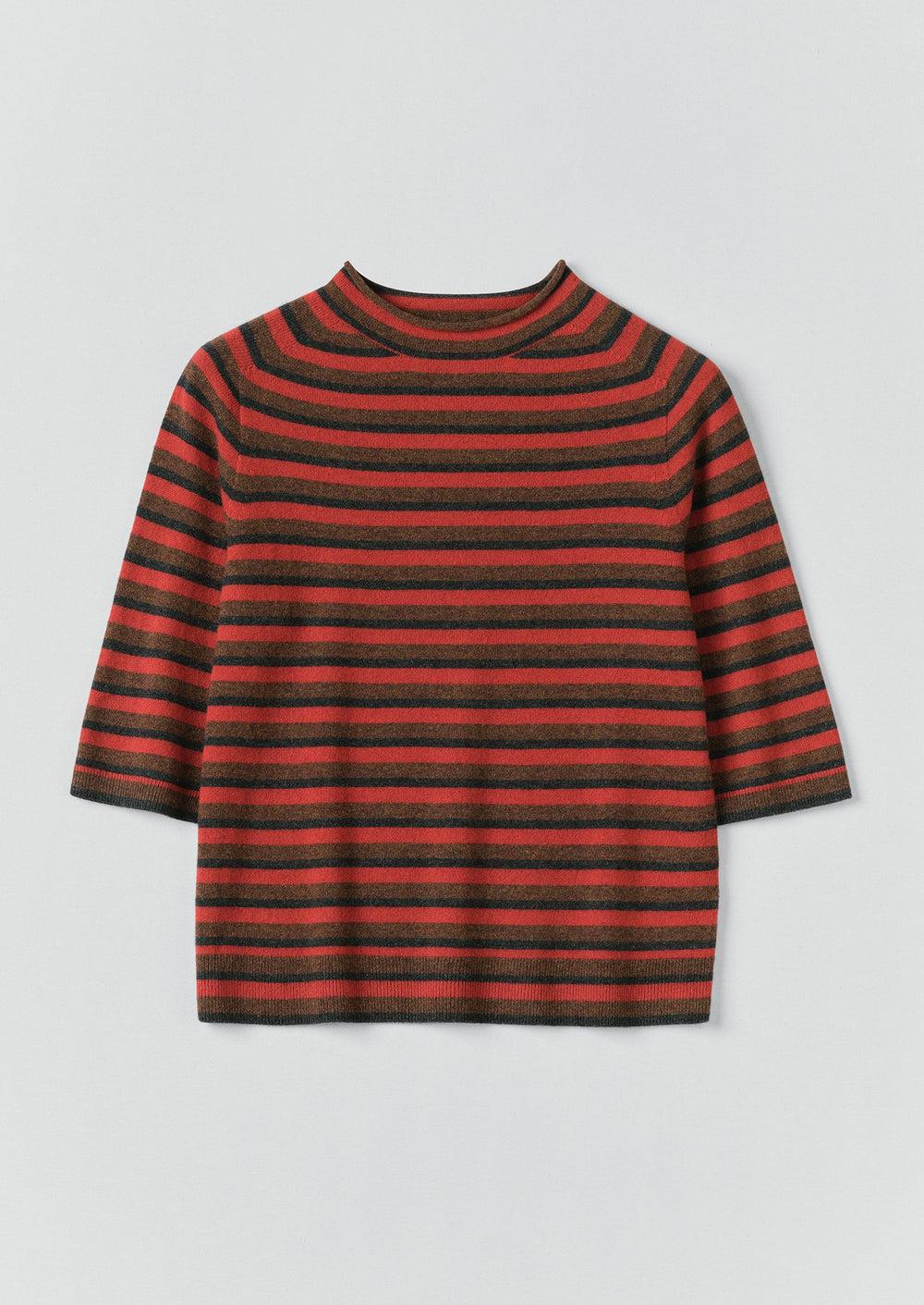 Stripe Wool Cashmere Half Sleeve Sweater | Red Multi Product Image