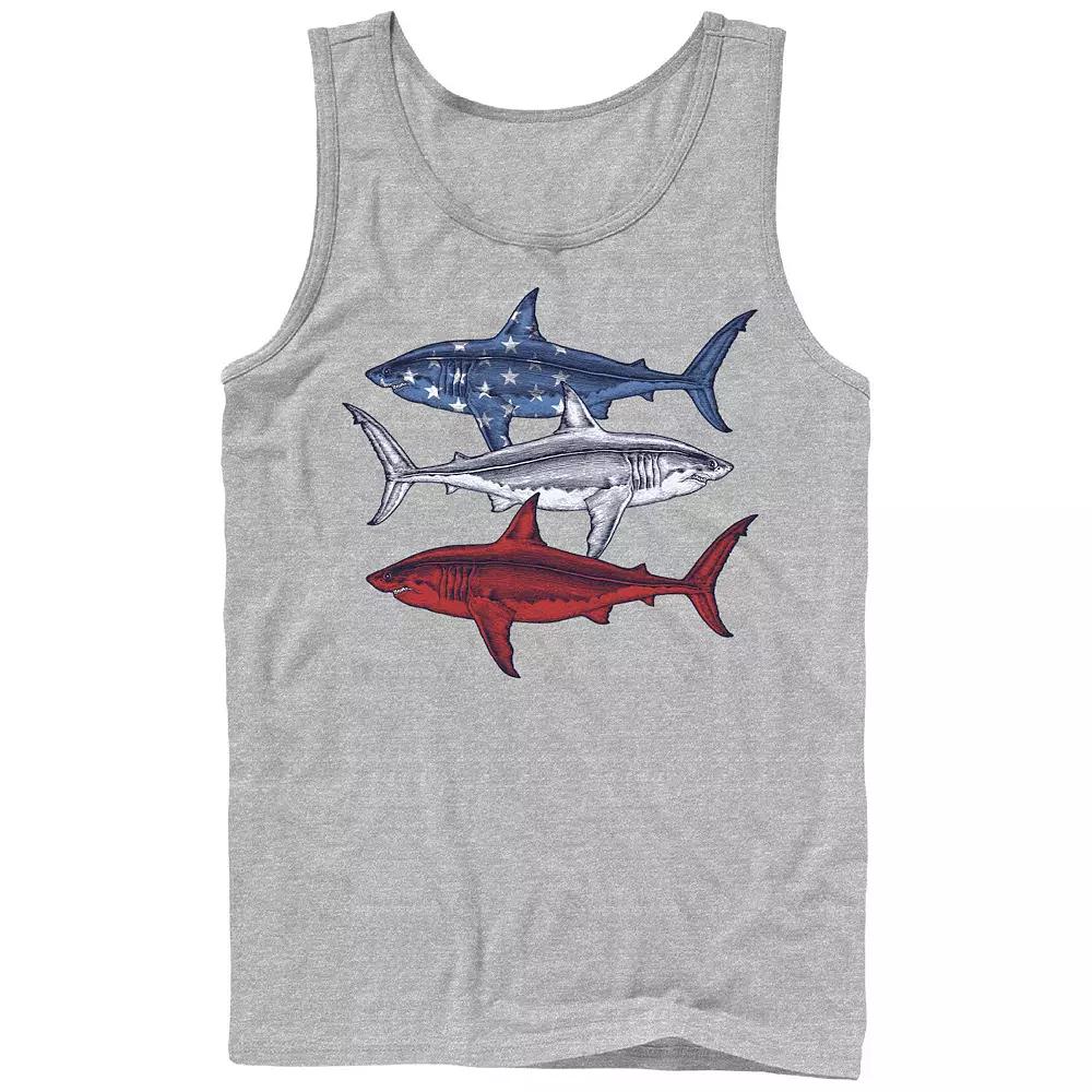 Men's Red White And Blue Sharks Graphic Tank, Size: Large, Athletic Grey Product Image