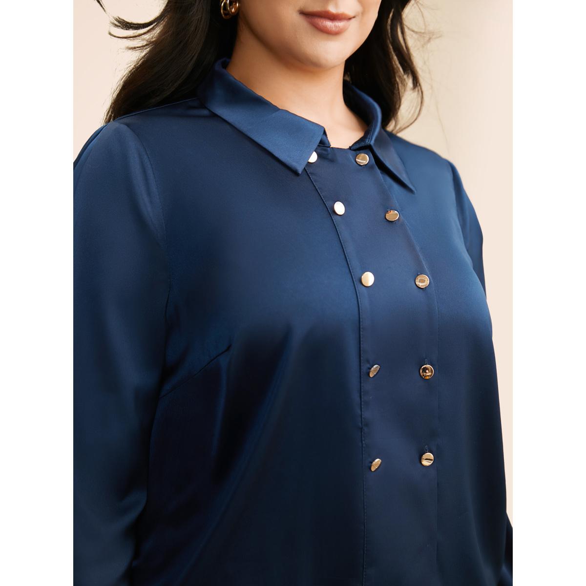 Plus Size Indigo Shirt Collar Metal Detail Blouse Women Elegant Long Sleeve Shirt collar Everyday Blouses BloomChic 26/4X Product Image