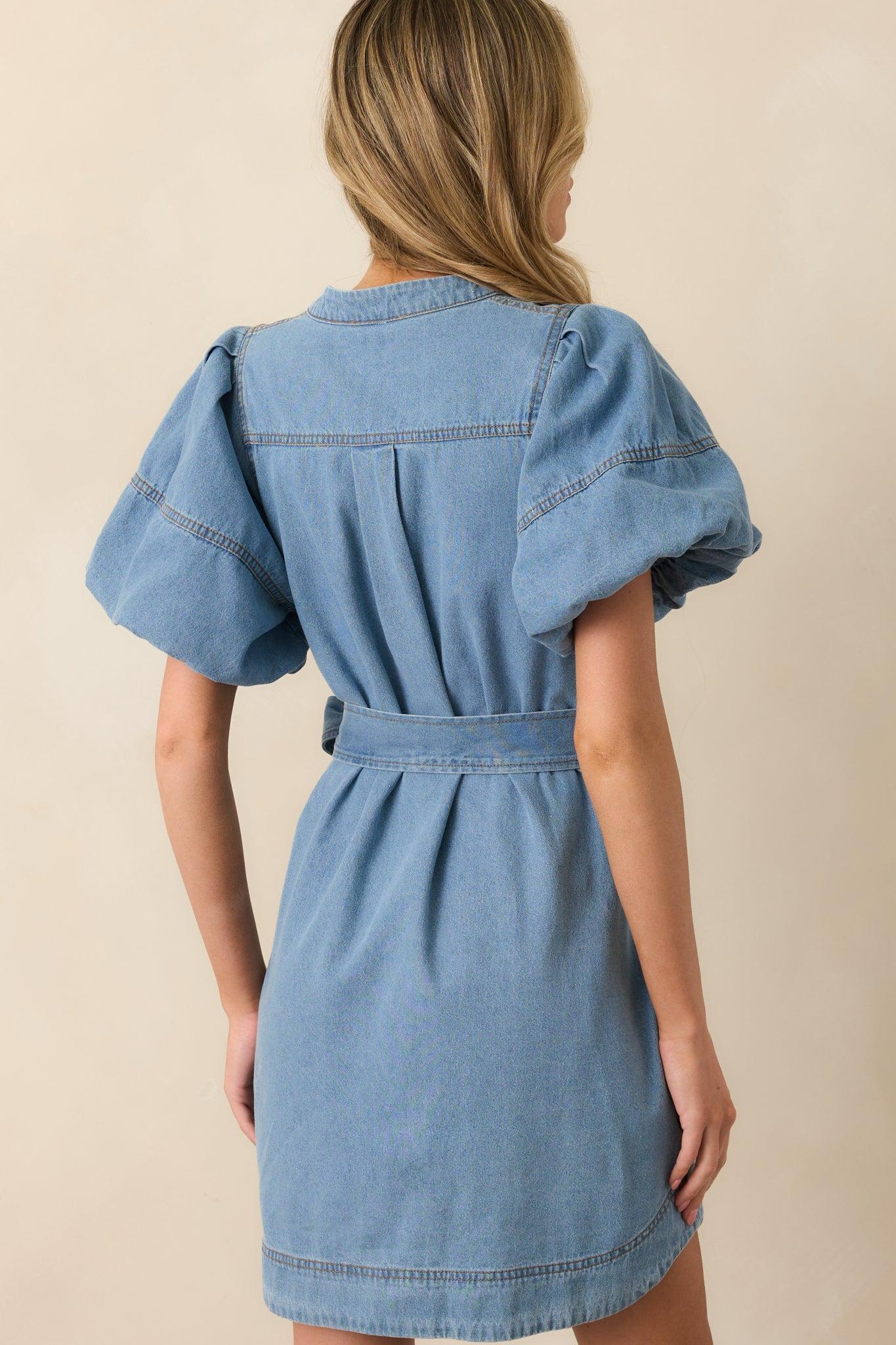 Rooftop Soiree Light Wash Denim Button Front Mini Dress Product Image